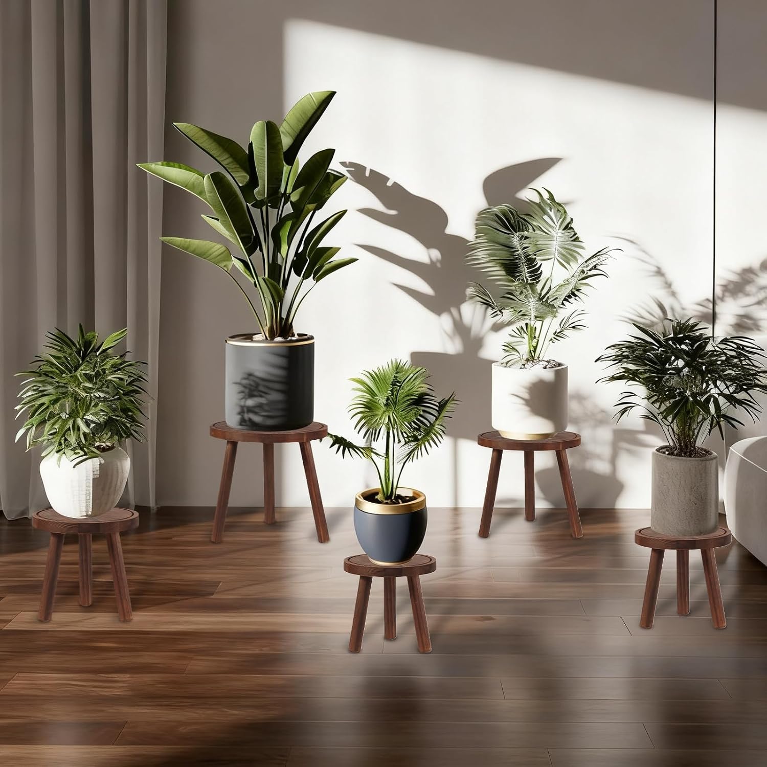 4-Pack Wood Plant Stands Indoor Outdoor, Heavy Duty 6-12 Inch Flower Pot Holder Stand, Natural Camphor Pine Wood Modern Large Plant Stool for Multiple Potted Plants, Home Office Garden & Bar Decor