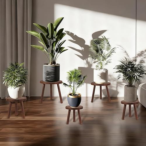 Miniatura 6 de Paquete de 4 soportes de madera para plantas para interiores y exteriores, soporte resistente para macetas de 6 a 12 pulgadas, madera de pino