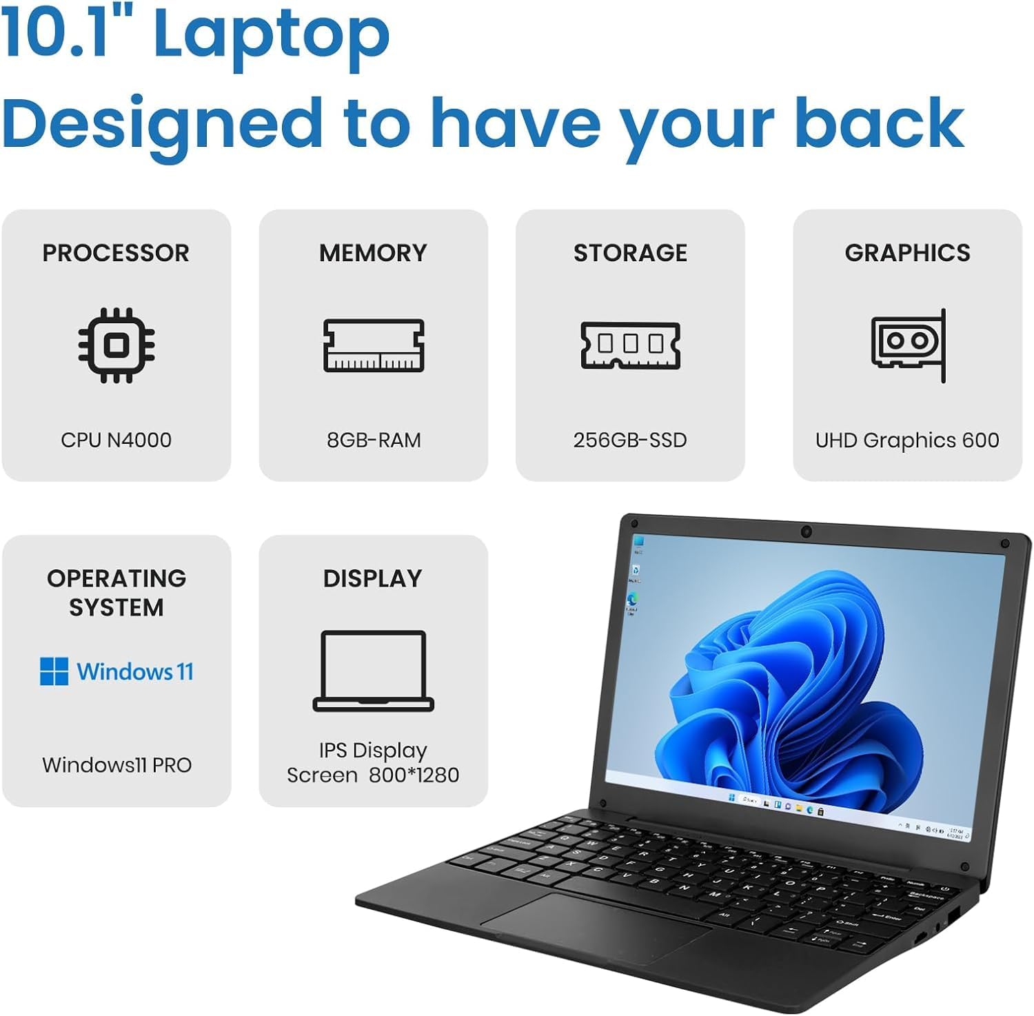 Mini Laptop Computer with Celeron N4000, 8GB RAM, 256GB SSD, HD IPS Screen, Portable Educational Notebook for Learning, Office Work (Black)