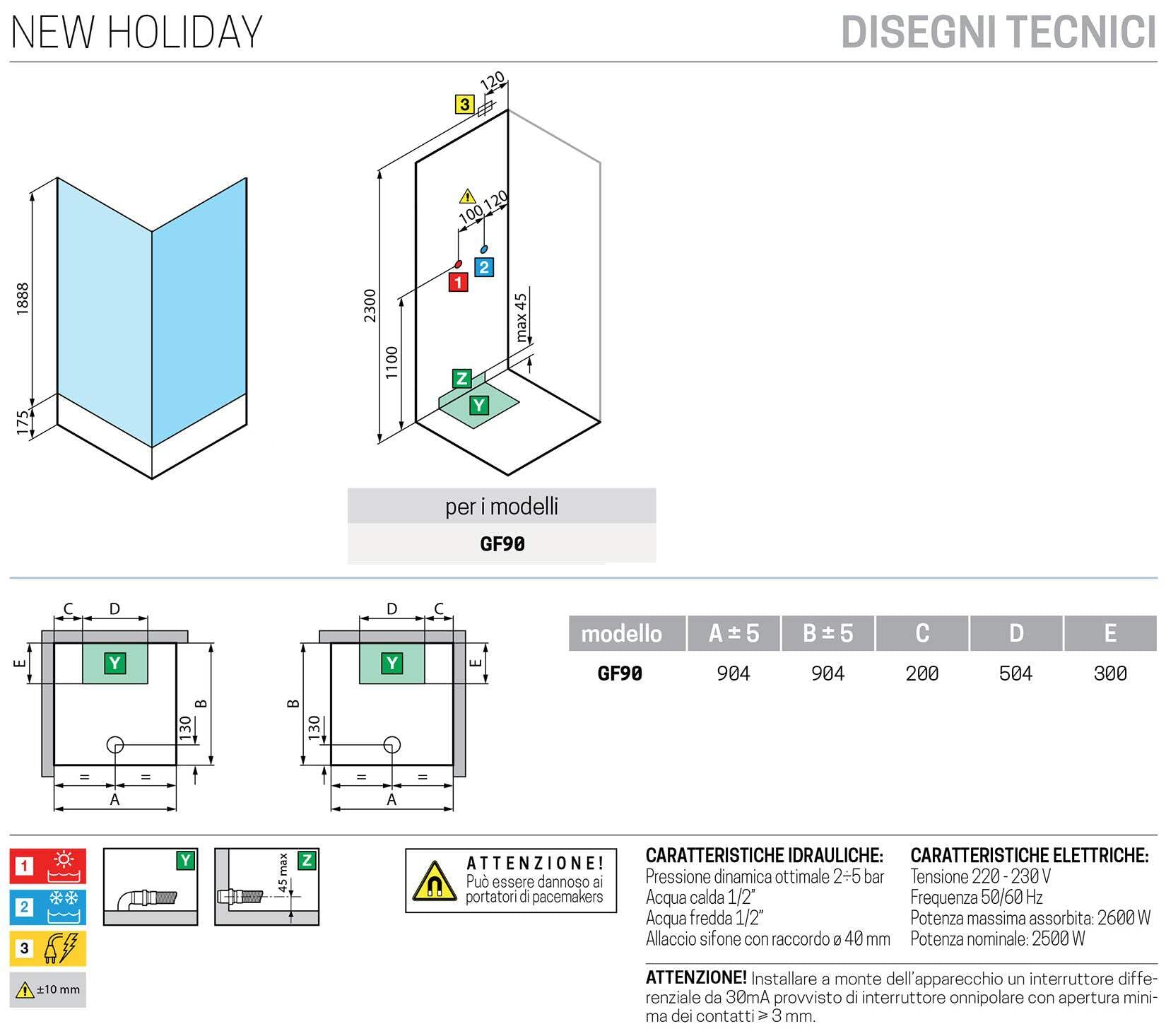 Novellini New Holiday GF90 - Bañera de hidromasaje multifunción (90 x 90 cm, apertura 1 puerta batiente, esquina derecha, grifo termostático, cristal transparente, perfil plateado, altura 206 cm)