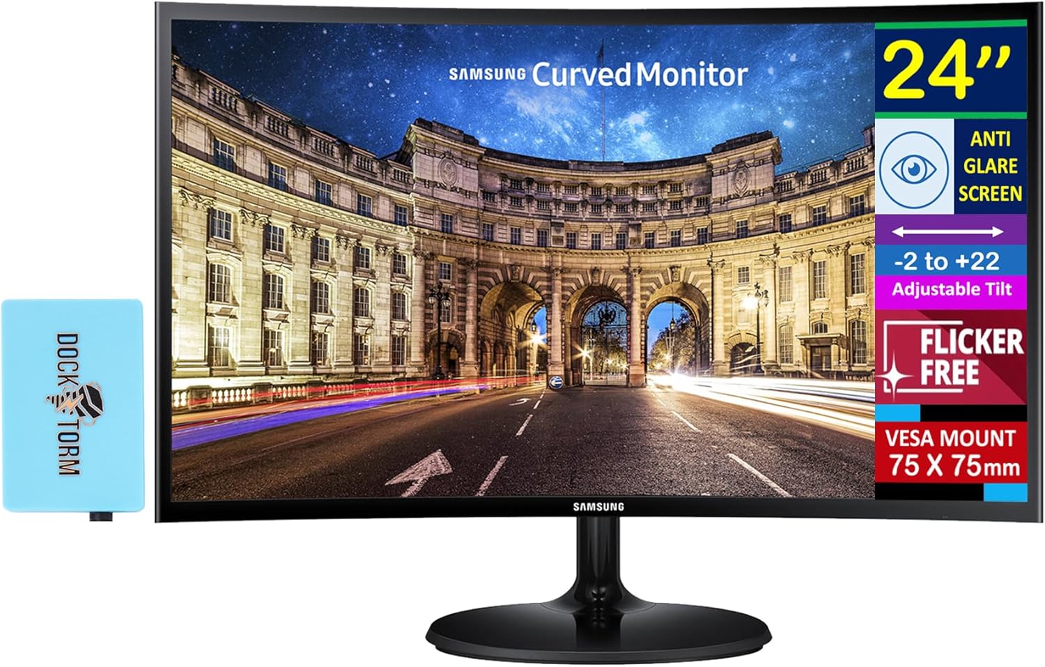 Samsung CF390 24" Curved FHD VA Monitor with AMD FreeSync, 4ms Response Time, Anti Glare, Flicker Free, VESA Mount (75 x 75mm), HDMI & Dockztorm USB Port Expander, Black Color (LC24F390FHNXZA)