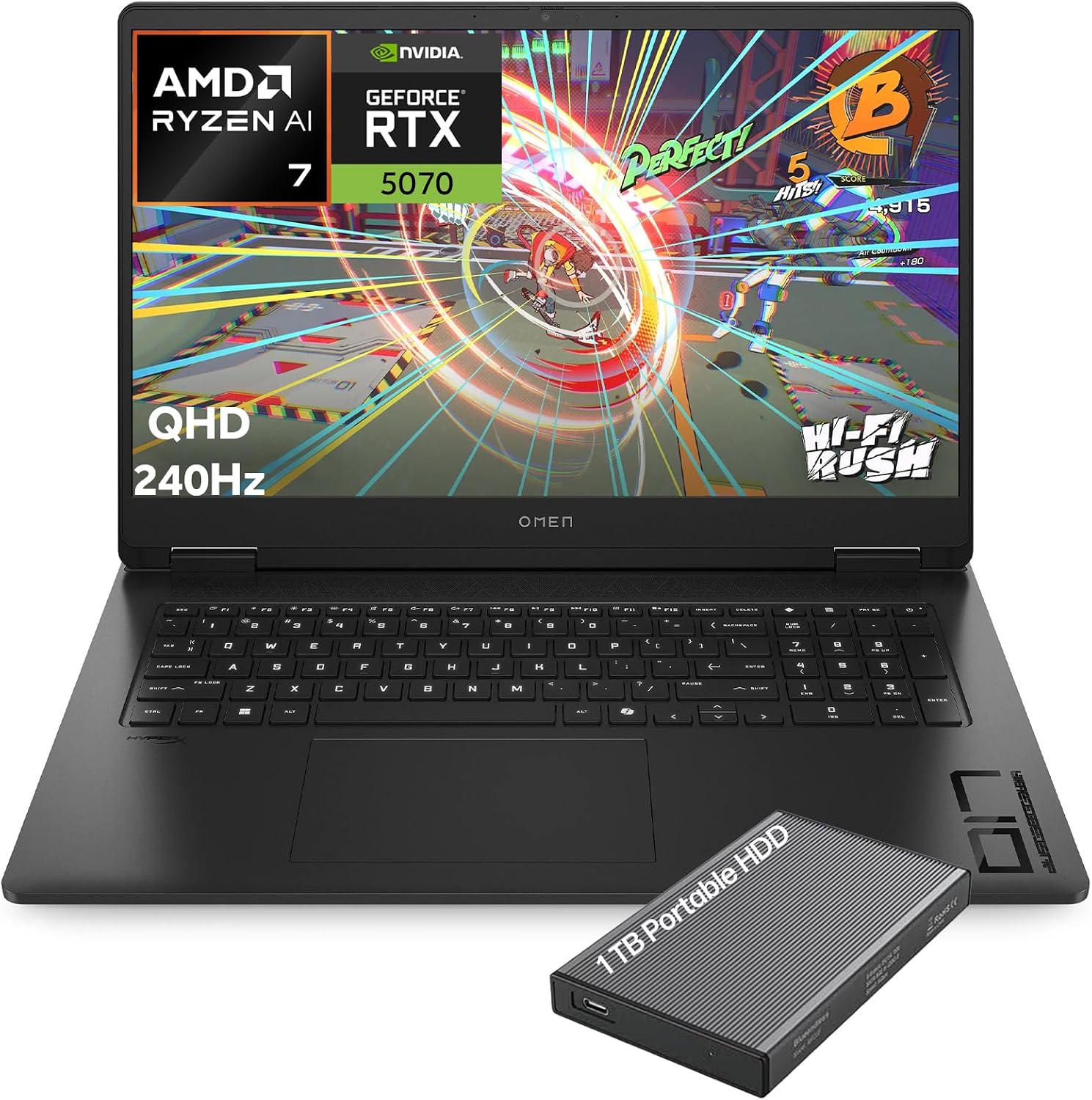 OMEN Gaming Laptop, 17.3" 2K QHD Display 240Hz, AMD Ryzen AI 7 350, NVIDIA GeForce RTX 5070 8GB GDDR7, 32GB DDR5 RAM, 1TB SSD, Wi-Fi 6E, RGB Backlit, HyperX Speakers, Win 11, w/1TB Portable HDD