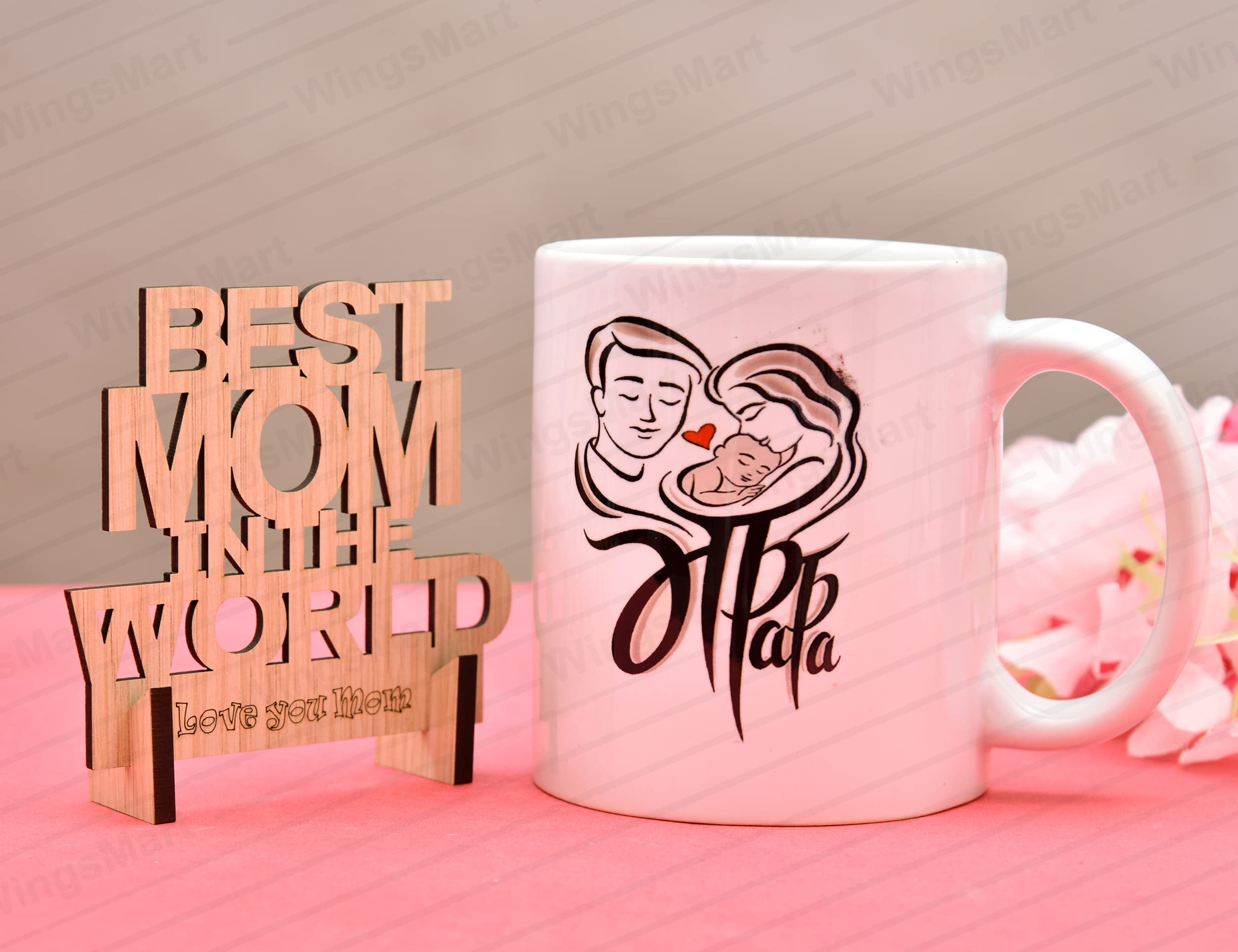"Maa Paa Printed Mug 330 ml with Best Mom Wooden Showpieces Best Gift for Mothers Day Gift for Mom | Mother | Mummy | Grandmother | Best Gift (Mom Best Gift Combo Style- I)