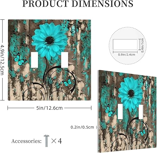 Miniatura 5 de Turquesa Aqua Teal Flower Floral Girasol Daisy Dahlia 2 Gang interruptor de interruptor de luz Cubierta de pared Placa de pared Mariposa Mujer Niña