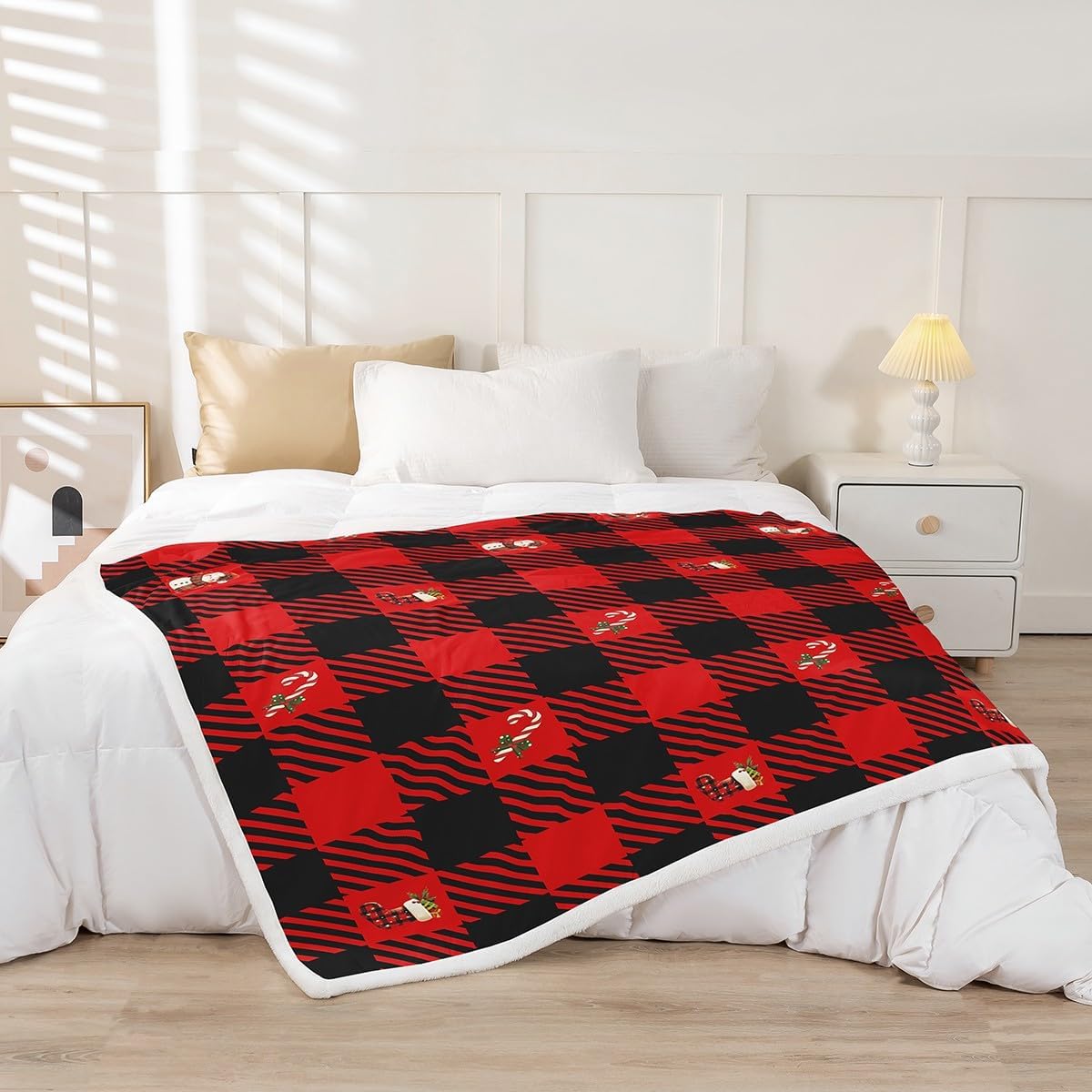 jejeloiu Red Christmas Fleece Throw Blanket Buffalo Check Checkered Xmas Theme Sherpa Blanket Twin 60"x80" for Bed Sofa Couch Kids Boys Girls Teens Socks Plush Blankets Plaid Grid Fuzzy Blanket