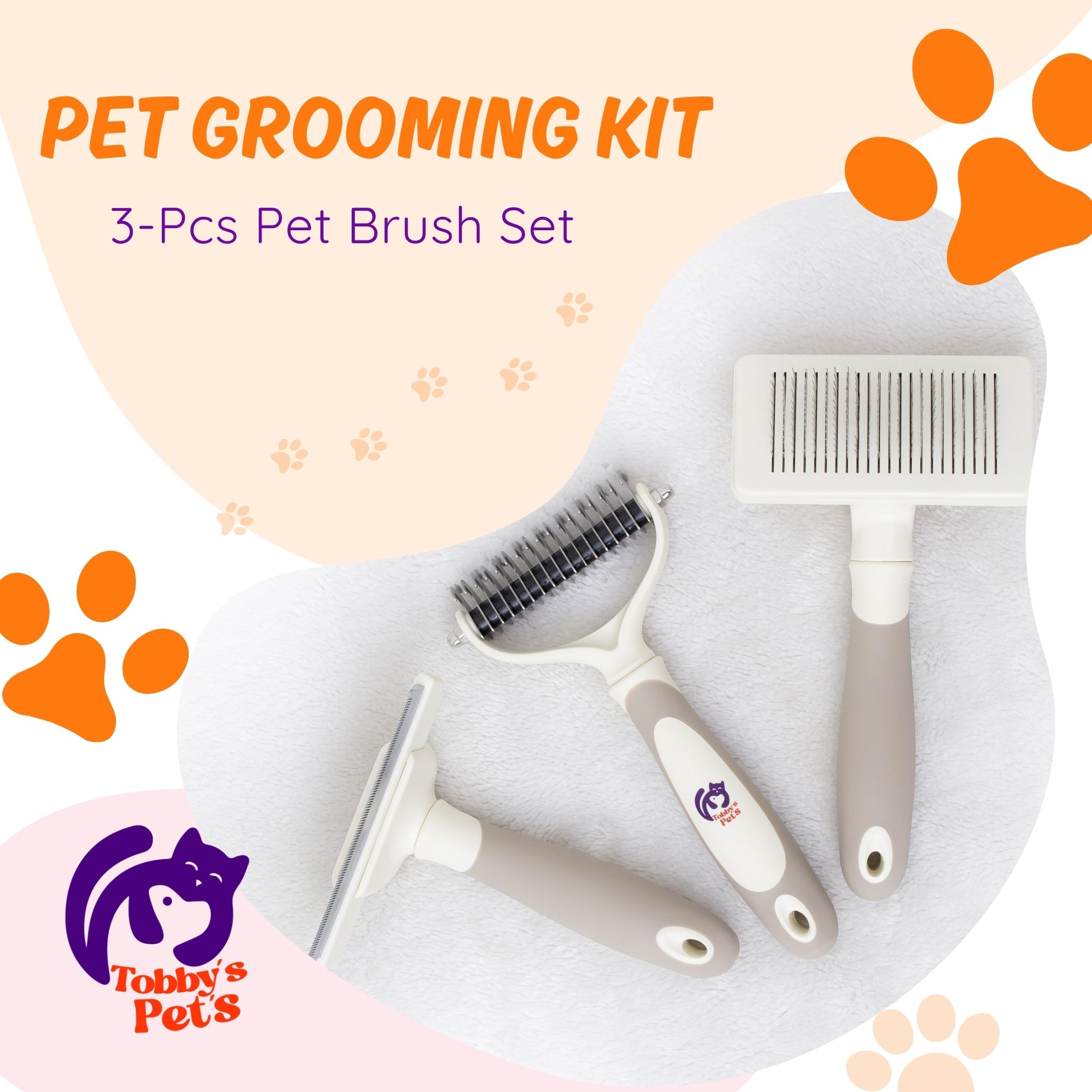 Pet Grooming Kit – 3-Pcs Pet Brush Set with Dematting Tool, Deshedding Brush, Self-Cleaning Slicker Brush – Professional Dog Brushes for Grooming Long-Haired Dogs and Cats