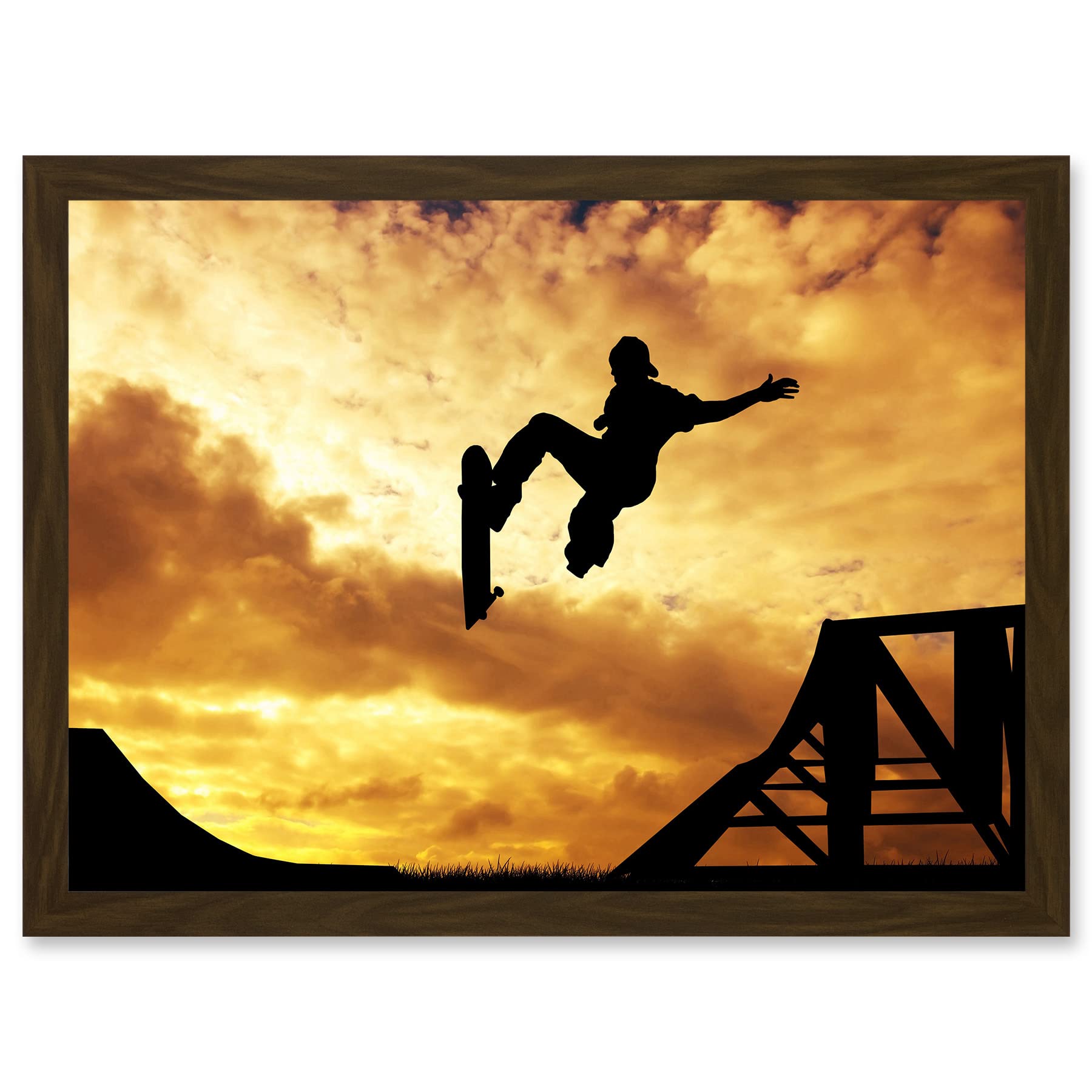 Artery8 Sunset Skateboard Silhouette Half Pipe A4 Artwork Framed Wall Art Print