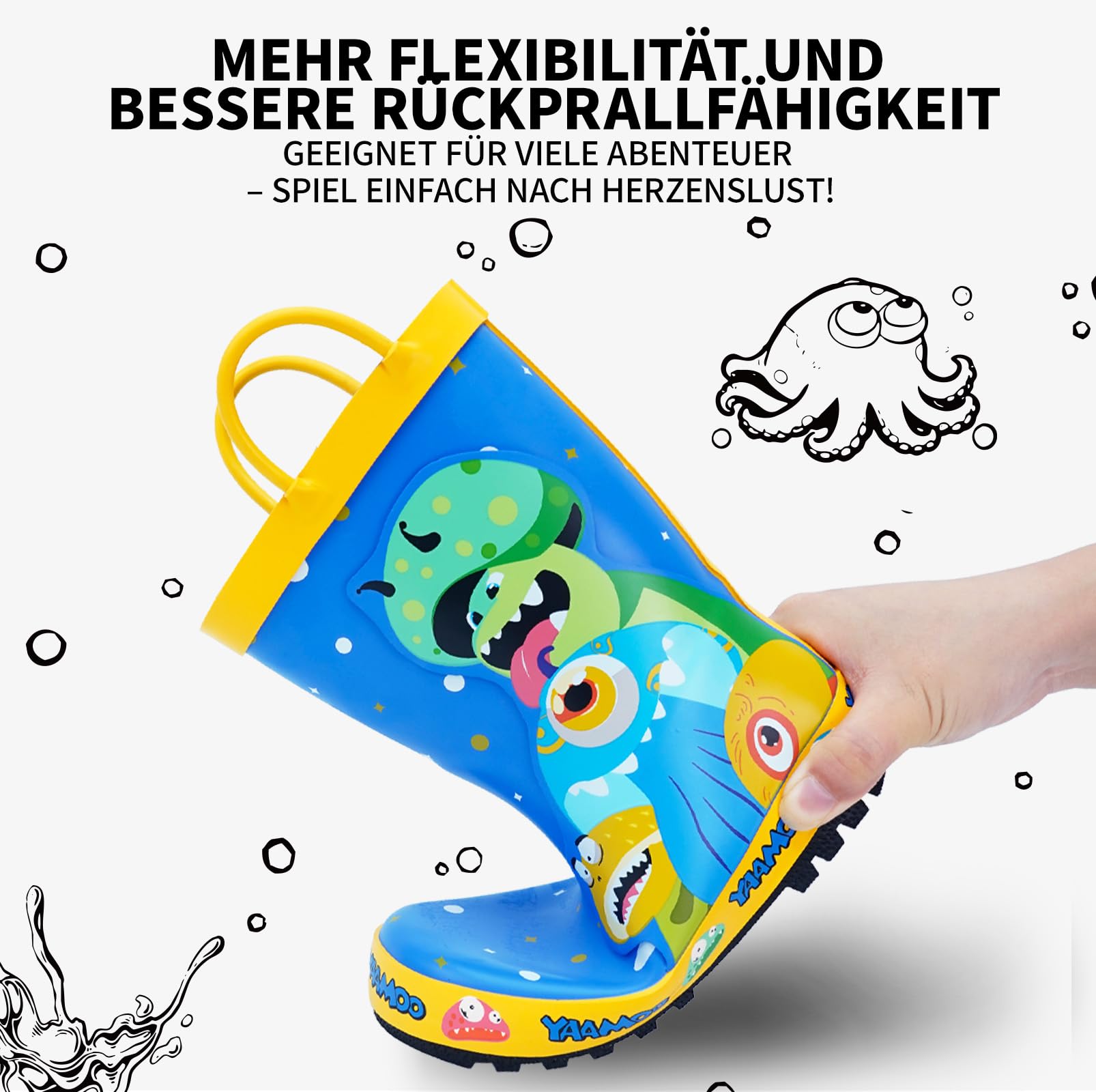 Gummistiefel Kinder mit Griffen, Gumischtifel für Jungen & Mädchen Outdoor, Wasserdichte Regenstiefel Kinder, Anti-Rutsch Sohle, Gr. 23-34