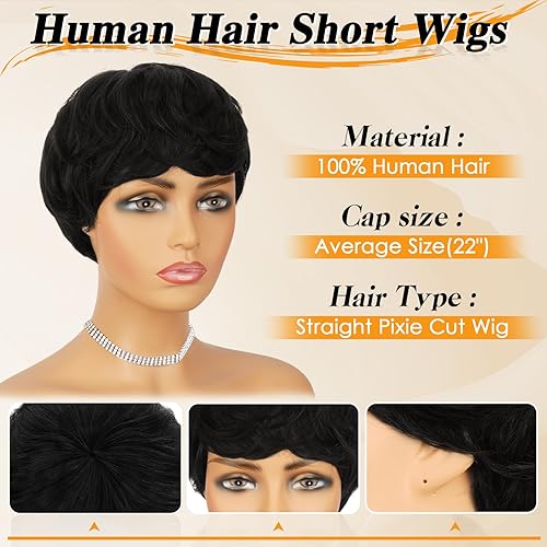 Miniatura 2 de RUWISS Peluca de cabello humano corto, natural, lacio, con flequillo, para mujer, estilo clásico unisex, sin límite de edad (1b#)