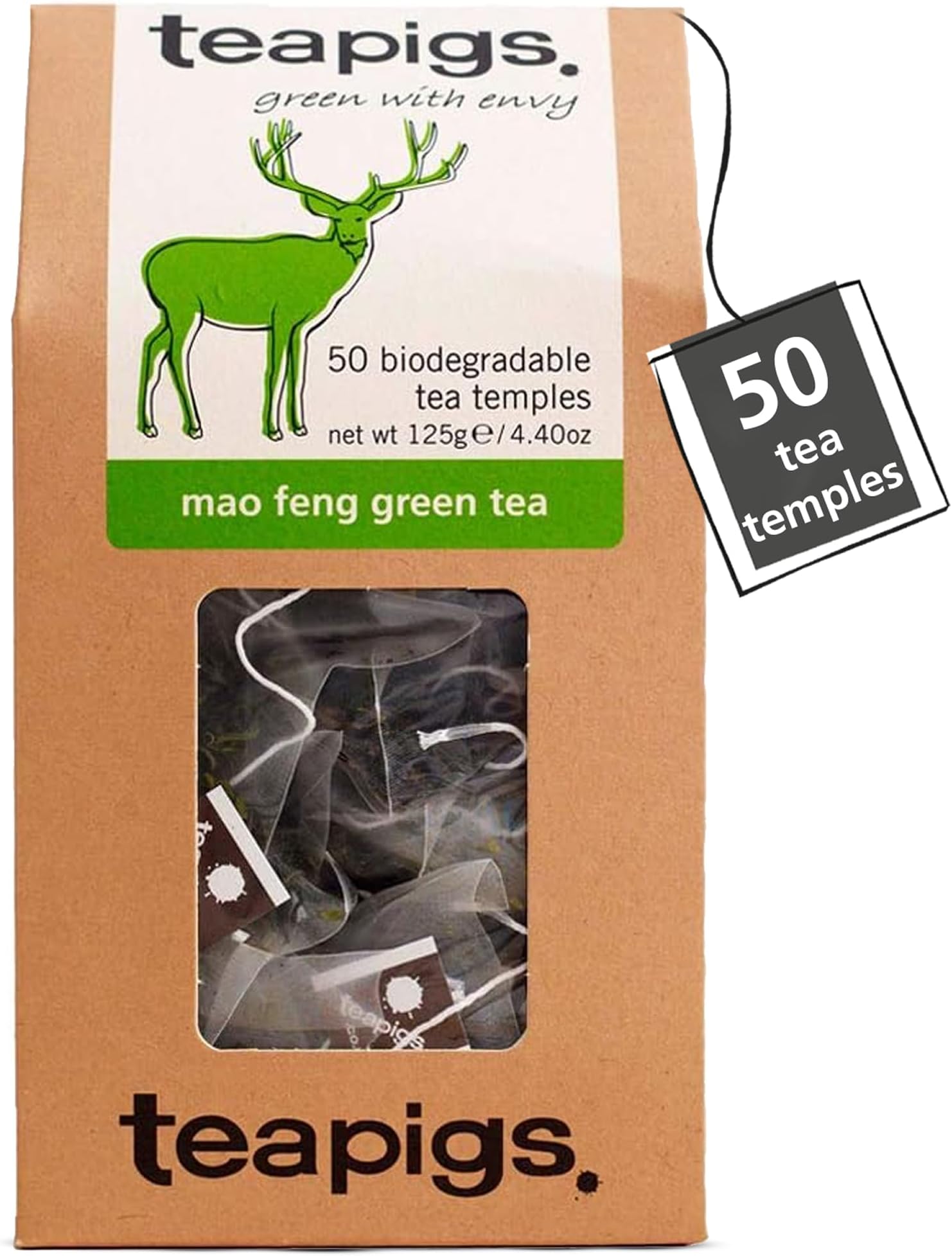 Mao Feng Whole Leaf Green Tea Bags - Authentic Chinese Green Tea with Peachy Notes - Light, Refreshing & Naturally 0 Calories - 50 Biodegradable Tea Temples (1 Pack)