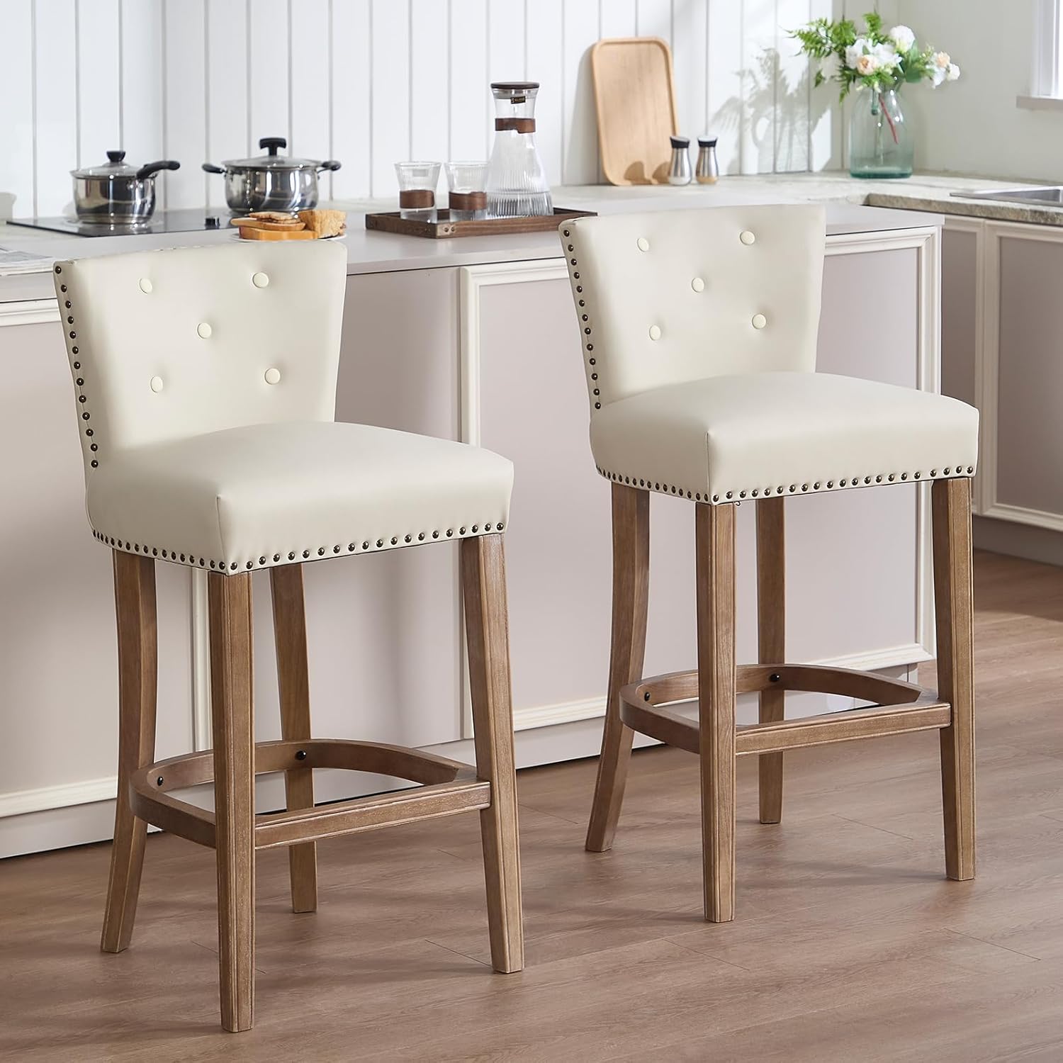 Set of 2 Bar Stools with Backrest, Genuine Leather Seat and Solid Wood Frame, Counter Height Chairs for Kitchen Island and Dining Room (Retro-Beige, High Barstool-Set of 2)