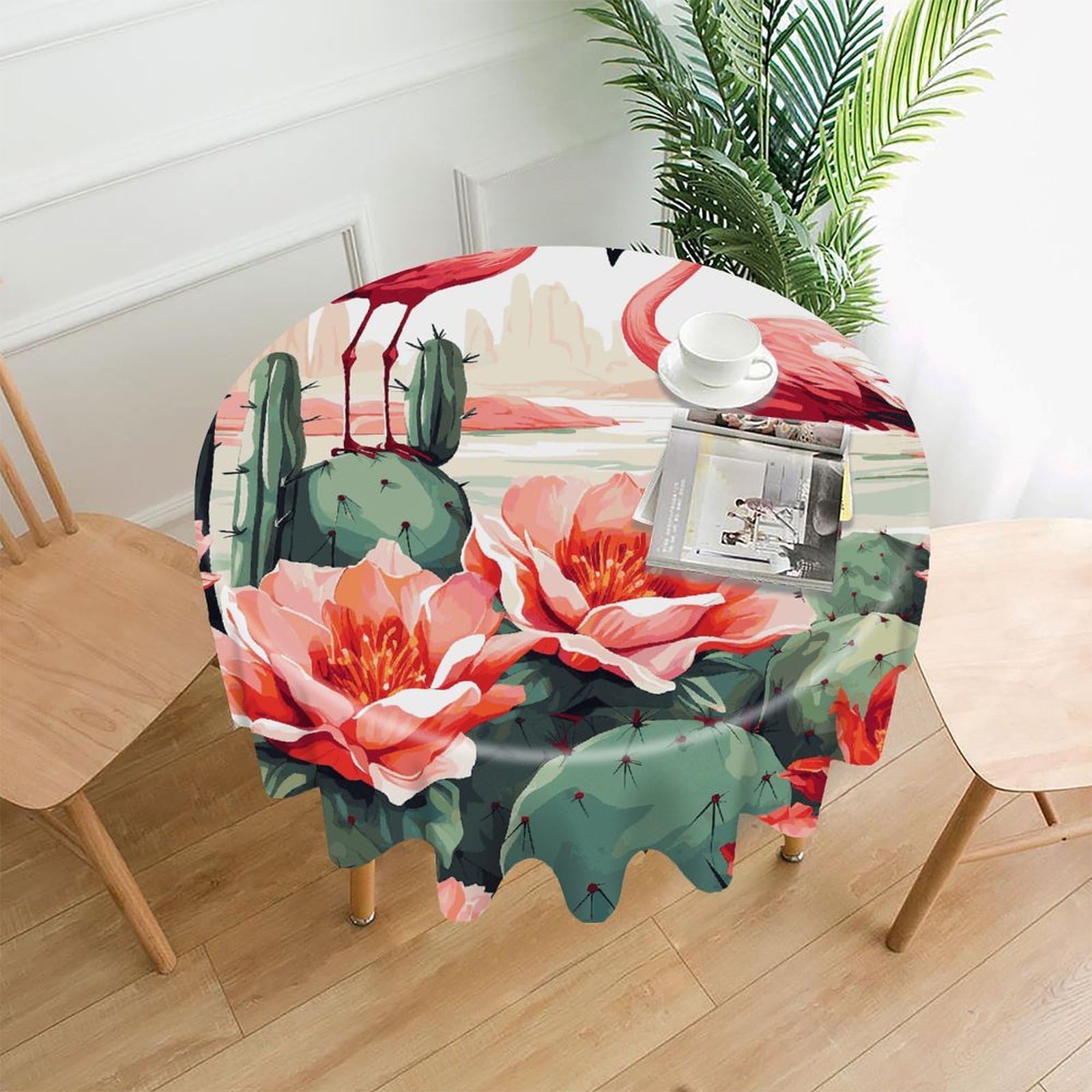 VstaDank Cactus Flamingo Rose Flowers Tablecloth Easy to Clean Polyester Round Table Cover Washable Round Table Cloth Wrinkle-Free Circle Decoration Tablecloth for Kitchen Dining Room 60"