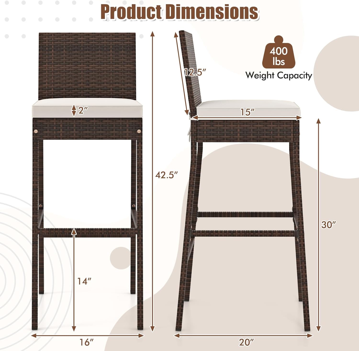 HAPPYGRILL Wicker Patio Barstools Set of 4, Outdoor Rattan Bar Chairs with Footrest & Backrest, Armless High Top Chairs with Seat Cushions for Backyard, Balcony