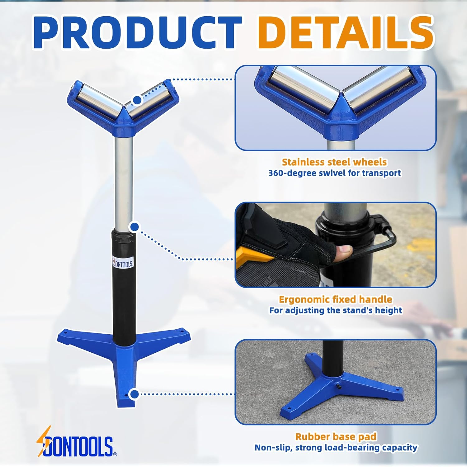 SOONTOOLS V-Head Heavy-Duty Roller for Woodworking - 1,760 Lb Load Capacity, Adjustable Height 22.83-38.19 Inches, Polished Steel Construction Compatible with Miter Saw, Table Saw