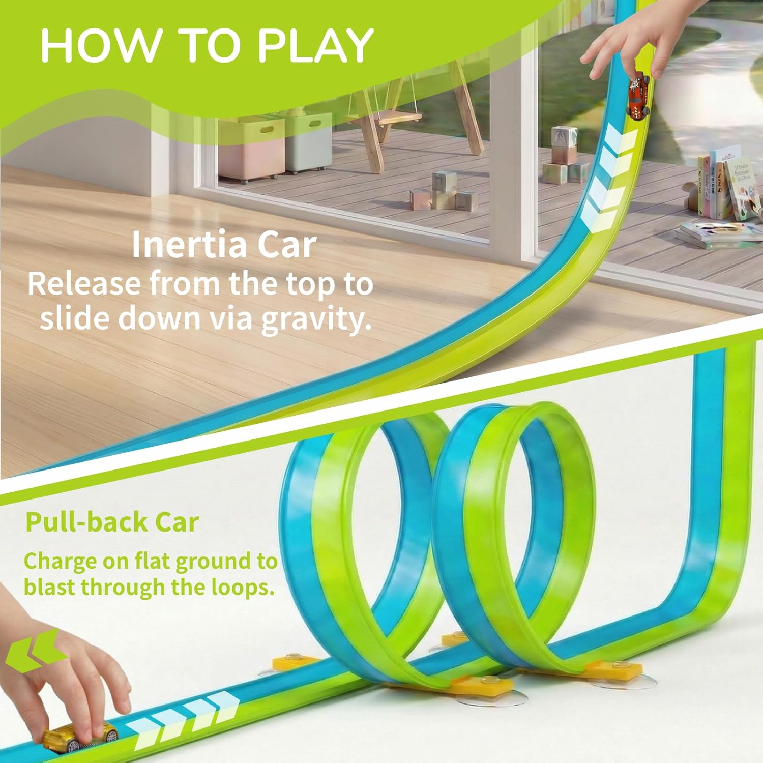 5M Flexible Car Racing Track Set with 2 Loopings, 2-in-1 Race Track with Cars & Carry Bag, Gravity & Pull-Back Race Track, Toy for Children from 3 4 5 6 Years, Gift for Indoor/Outdoor (Green)