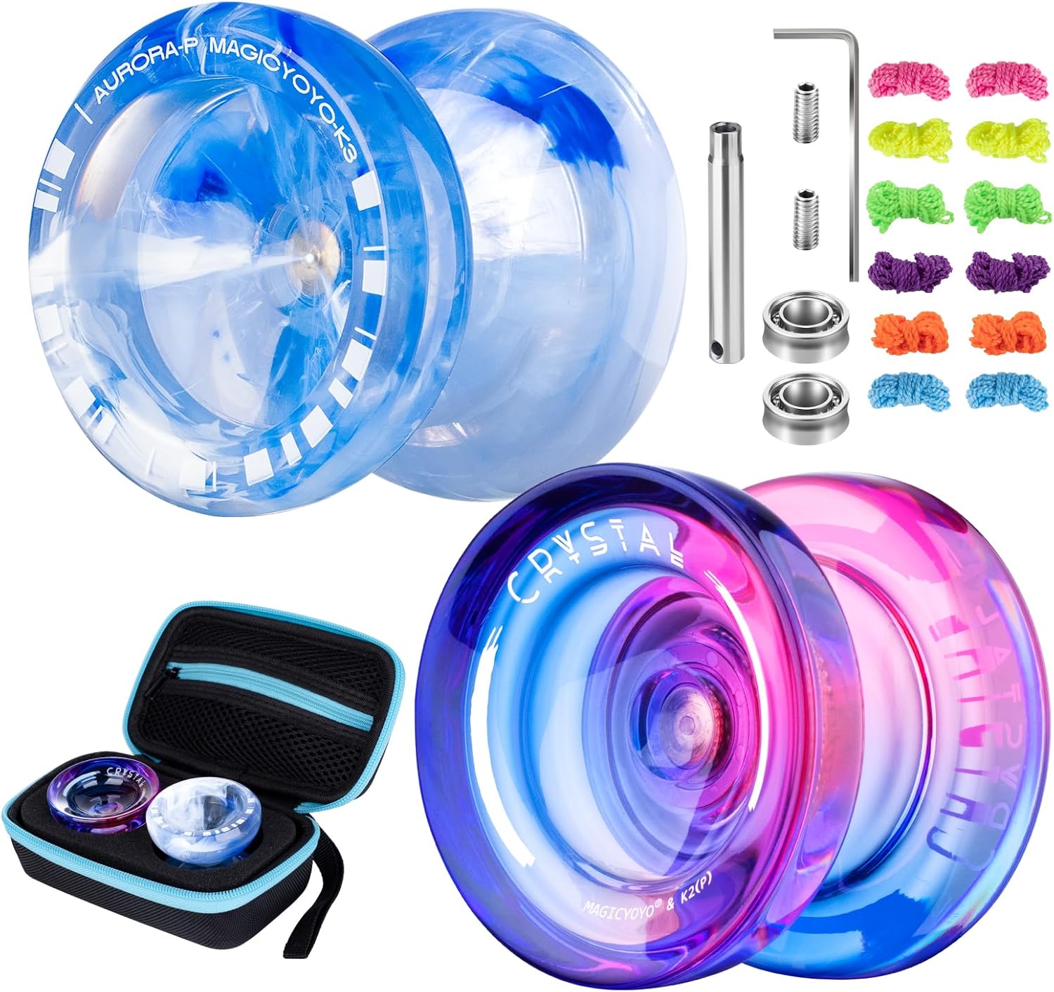 MAGICYOYO K2 + K3 Ideal Yoyo Gift Set - 2 Packs Responsive & Unresponsive Yoyos for Kids Beginners and Adults, Dual Yo-yos with 12 Strings, Gift Case, Bearing Kits ( K3 Blue White + K2 Purple Pink)