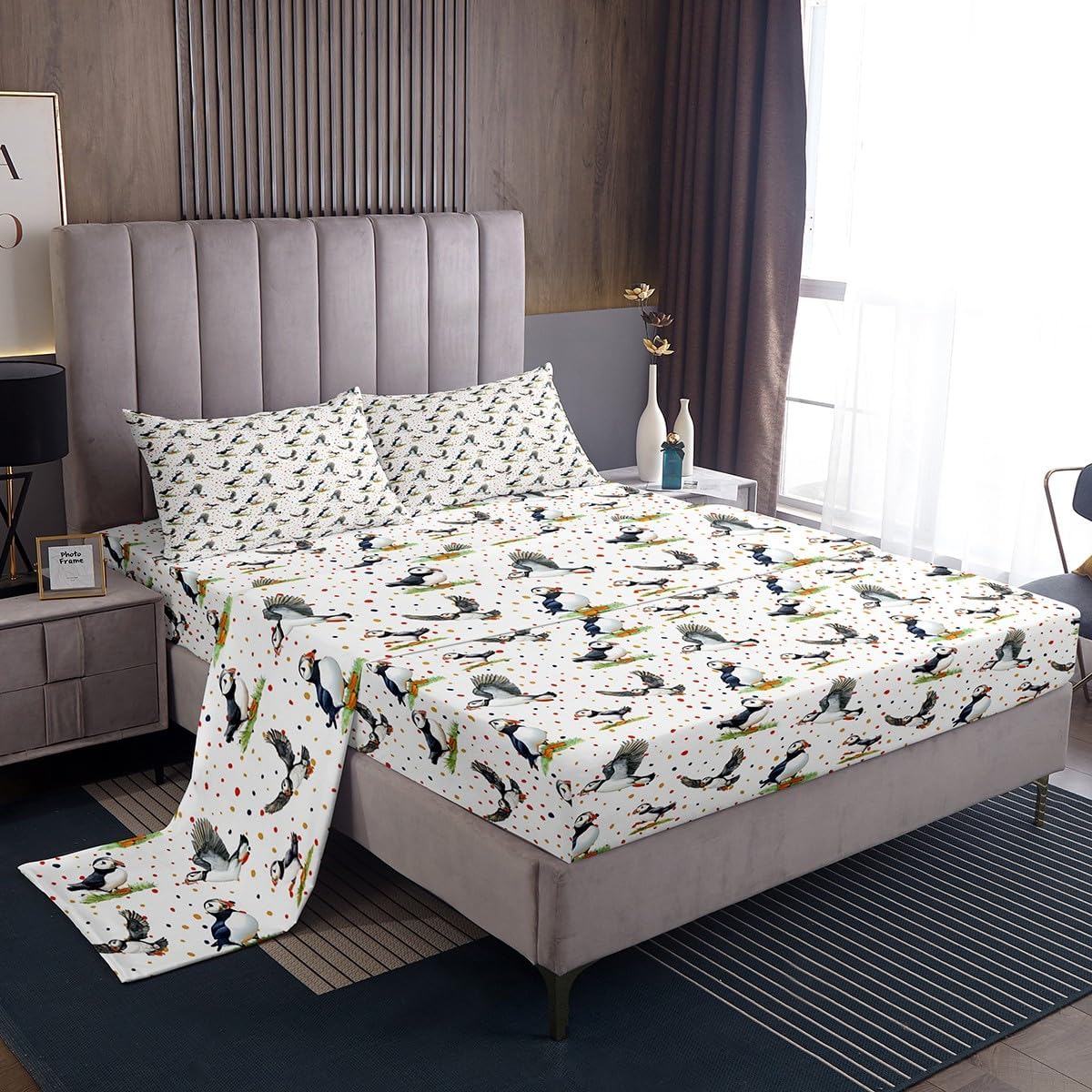 Erosebridal Cartoon Puffin Queen Size Sheet Set for Kids Adults, Cute Audubon Birds Print Bed Sheets Set, Kawaii Atlantic Puffins Sheets, Watercolor Wild Animal Flat Fitted Sheet, 2 Pillowcases