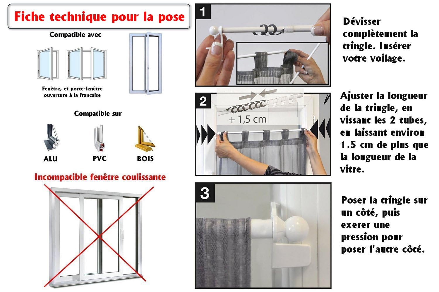 MadeInNature Lot de 2 tringles à Clipser, Autobloquantes, Montage sans Vis ni perçage Fix’VIT Extensibles, Couleurs et Longueurs au Choix (Extensible 50x80 cm, Lot de 2 Embout Boule Béton)