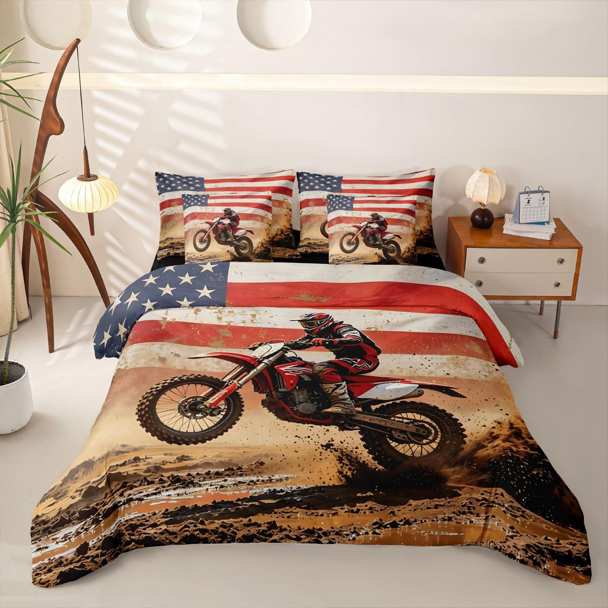 Loussiesd Set di biancheria da letto con copripiumino per letto singolo, motivo motocross, 7 pezzi, per bambini, ragazzi, ragazze, motocross, con copripiumino, lenzuola, federe, federe
