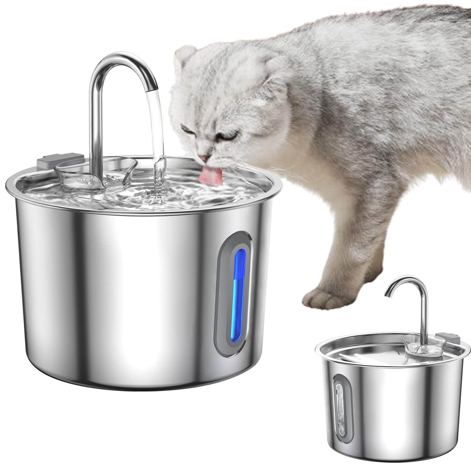 Silent Cat Water Fountain Stainless Steel, 2.2L Cat Water Fountain for Drinking with Faucet, Led Light, Visible Water Level Window, Filter, Pet Water Fountains Cats Bowl Automatic, Silver
