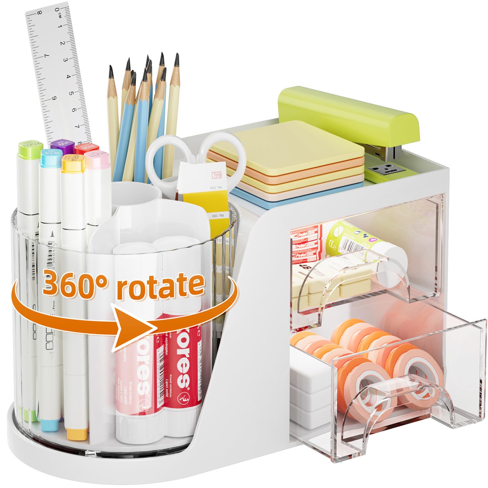 Marbrasse Desk Organizer with 2 Drawer, 360°Rotating Pen Holder, Desk Organizers and Accessories with 6 Slots Pencil Organizer + 2 Drawer, Art Supply