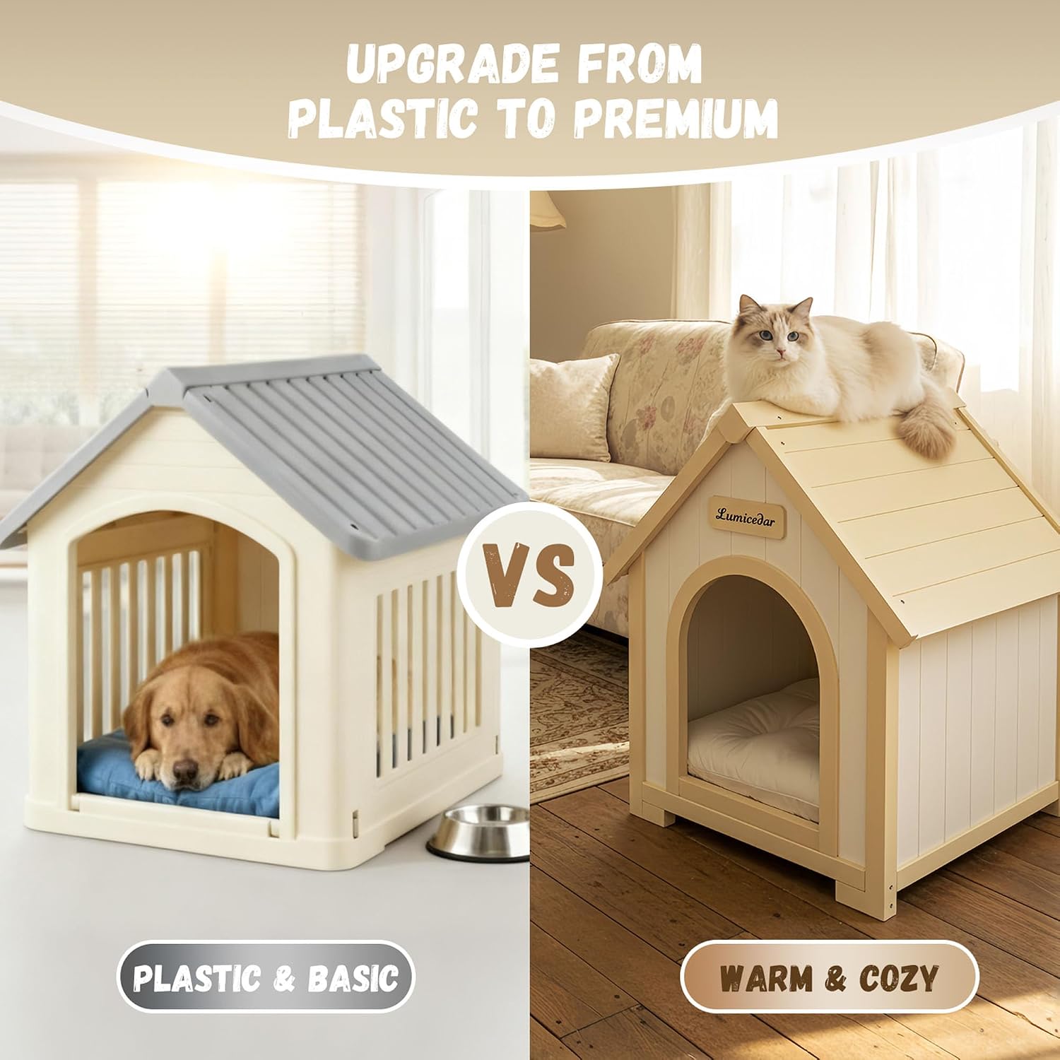 FSC Certified Solid Cedar Wood Pet House - Cream Yellow Cabin Style Indoor Shelter for Small Dogs & Cats, Wooden Cat & Dog Condo with Elevated Roof, 23.6" L x 21.7" W x 27.6" H