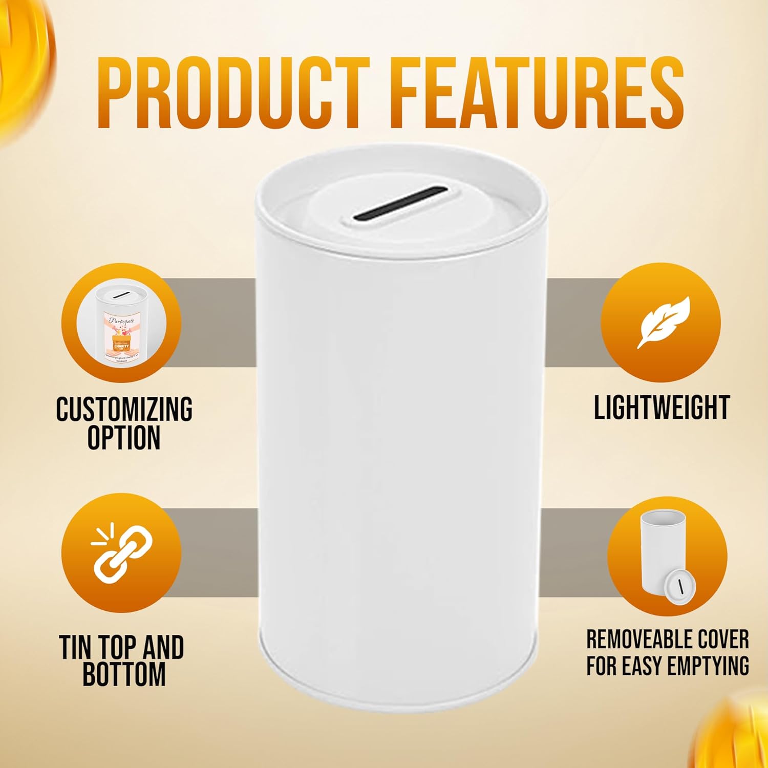 Cylinder Tin Charity Donation Coin Collection Tube Ticket and Suggestion Box 5"H x 3" Diameter Tip Canister with Removable Cover with slot (8 Pack) White
