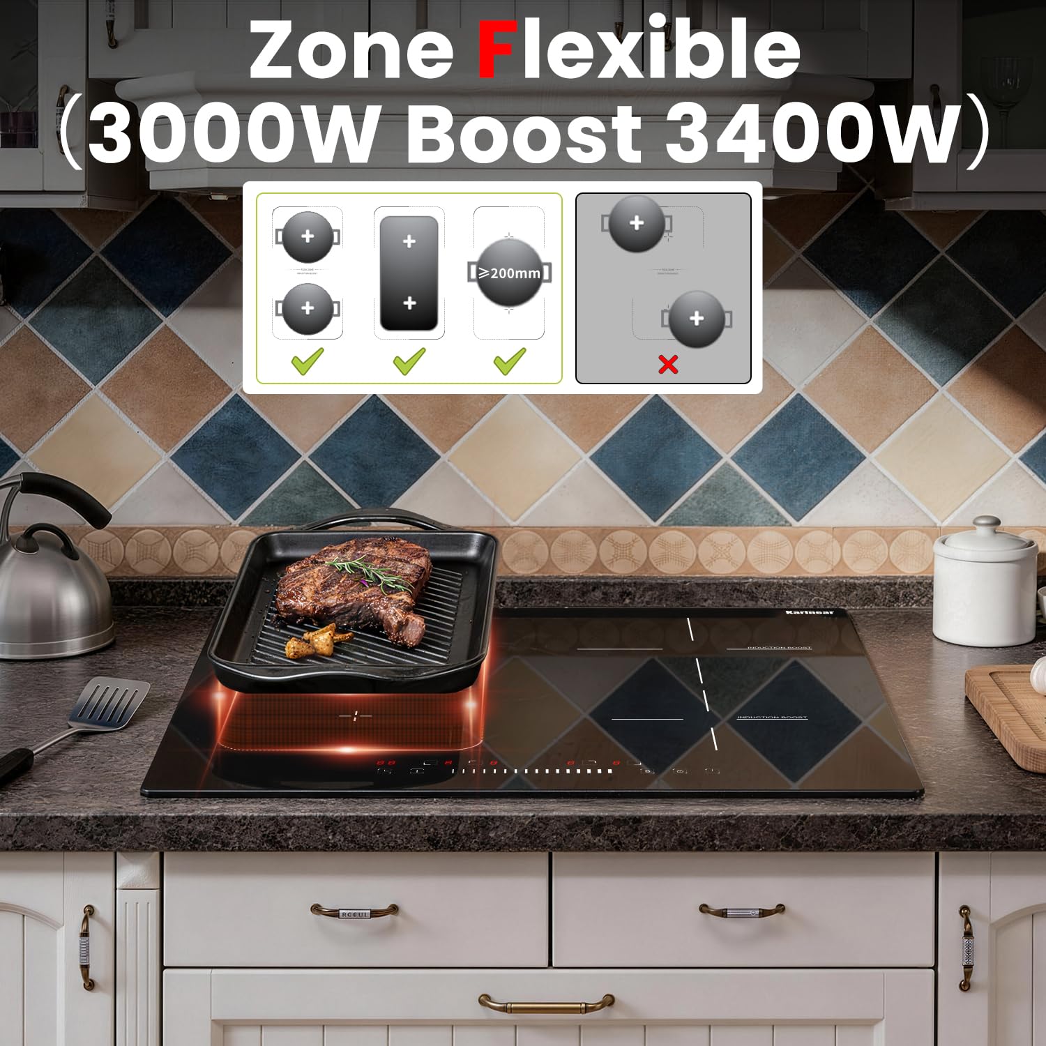 Karinear Plaque Induction 4 Feux avec Flexi Zone, Plaque de cuisson Induction encastrable 60cm, 7200W, Commande à curseur, fonction Boost, minuterie, sécurité enfants, 220V