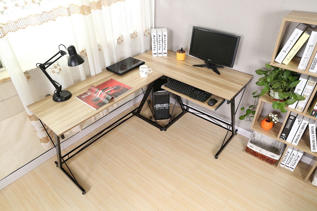 HLC L-Form 161 x 120 x 73 cm, biurko narożne, biurko komputerowe z wyciąganą półką na klawiaturę z drewna żółte