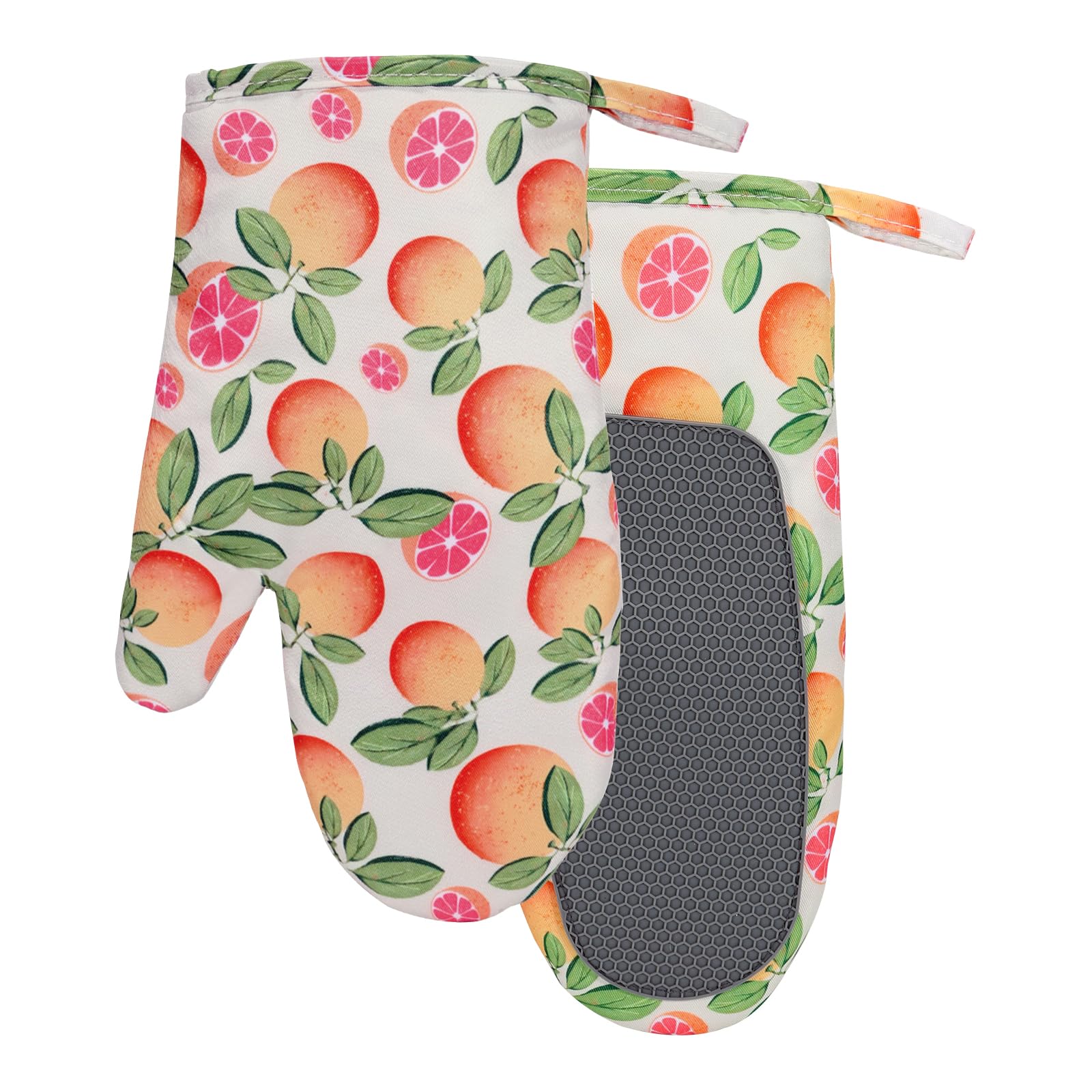 Oven Mitts Heat Resistant Set of 2, Grapefruit Cute Long Quilted Cotton Kitchen Mitts with Non-Slip Silicone Grip and Hanging Loop for Baking, 7 X 11