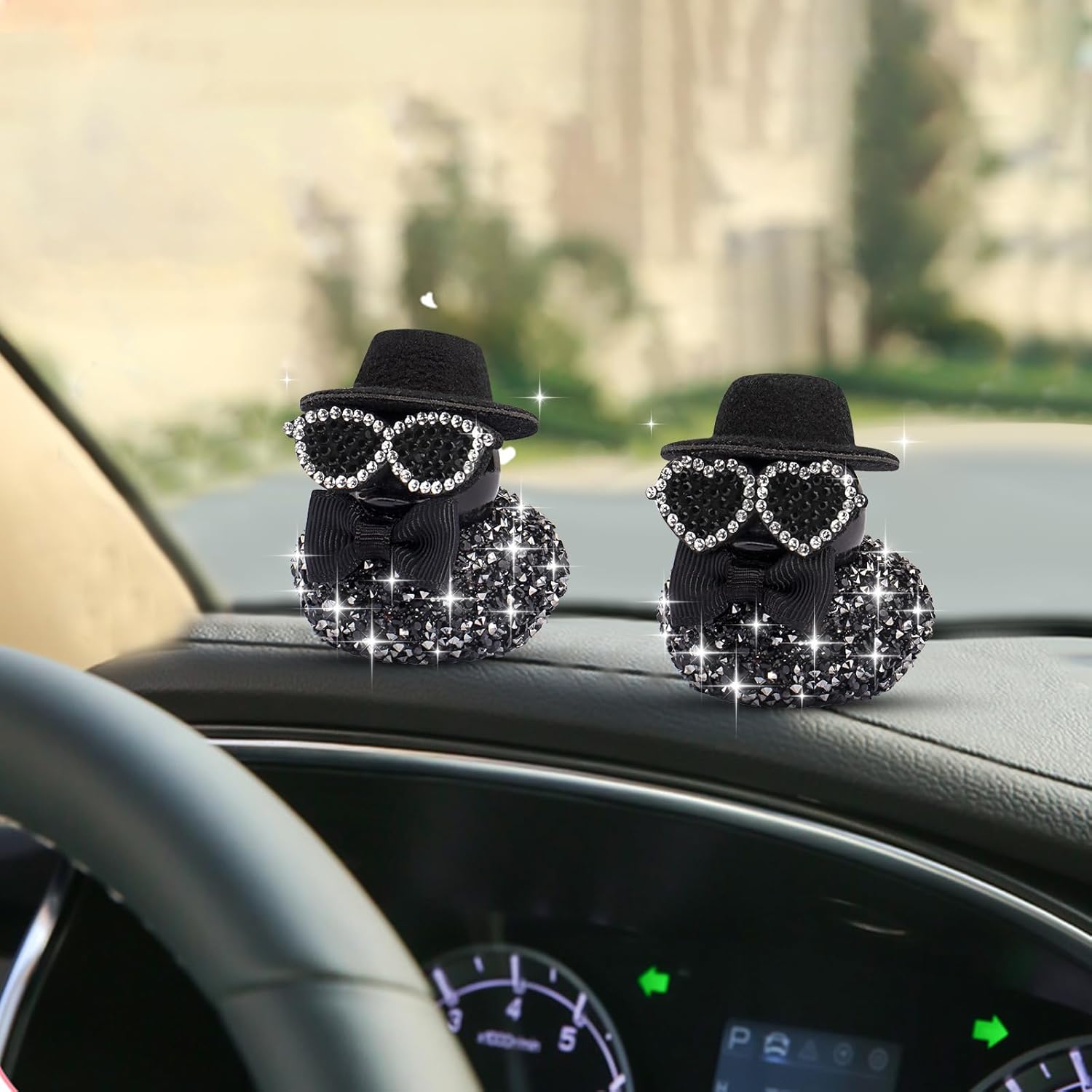 wonuu Black Sparkly Rhinestones Rubber Ducks Bling Car Accessories Mini Top Hat Rubber Duck Diamond-Studded Duckies, Black Cat Eye Sunglasses