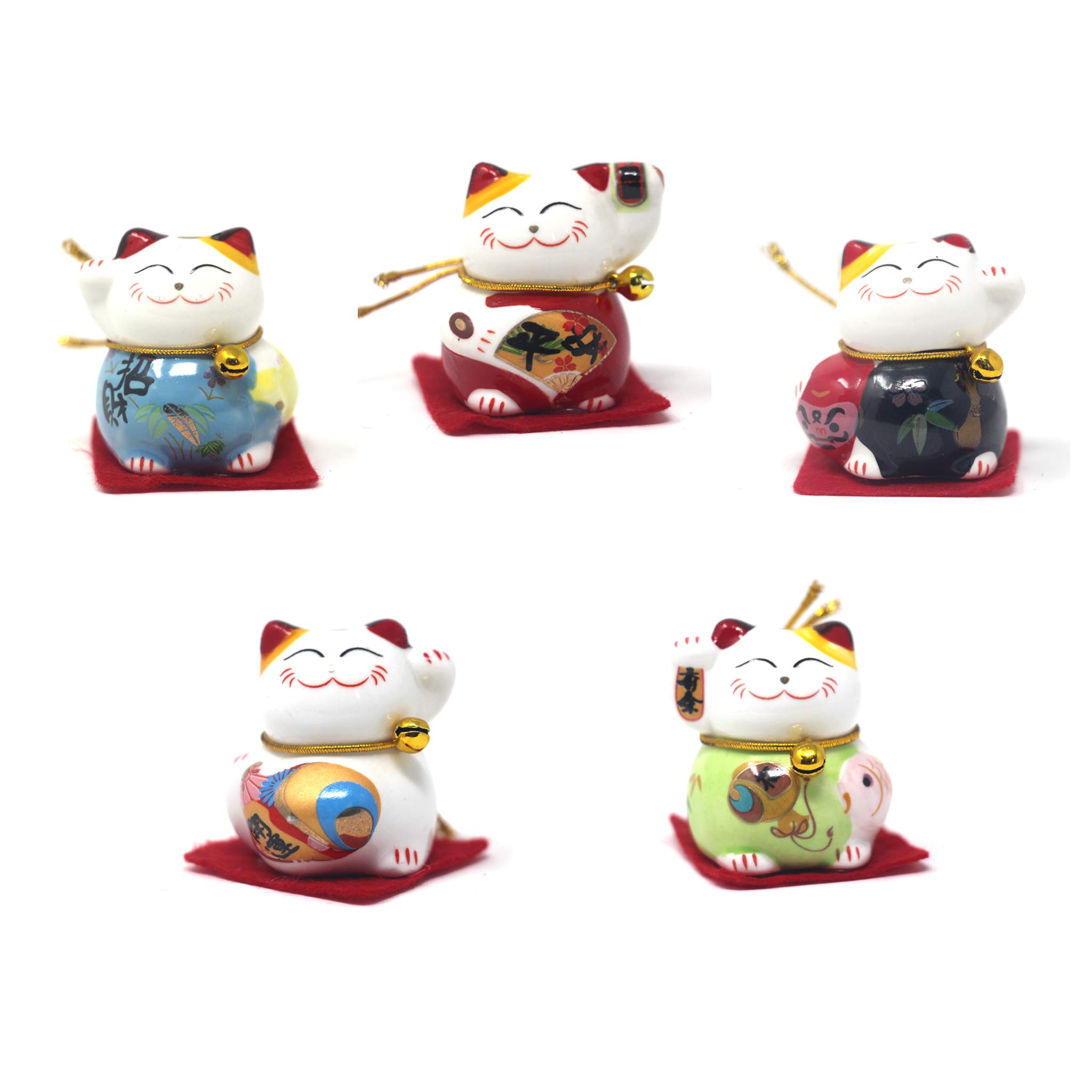 Maneki Neko Lucky Cats, Ceramic Set of 5 for Luck & Peace