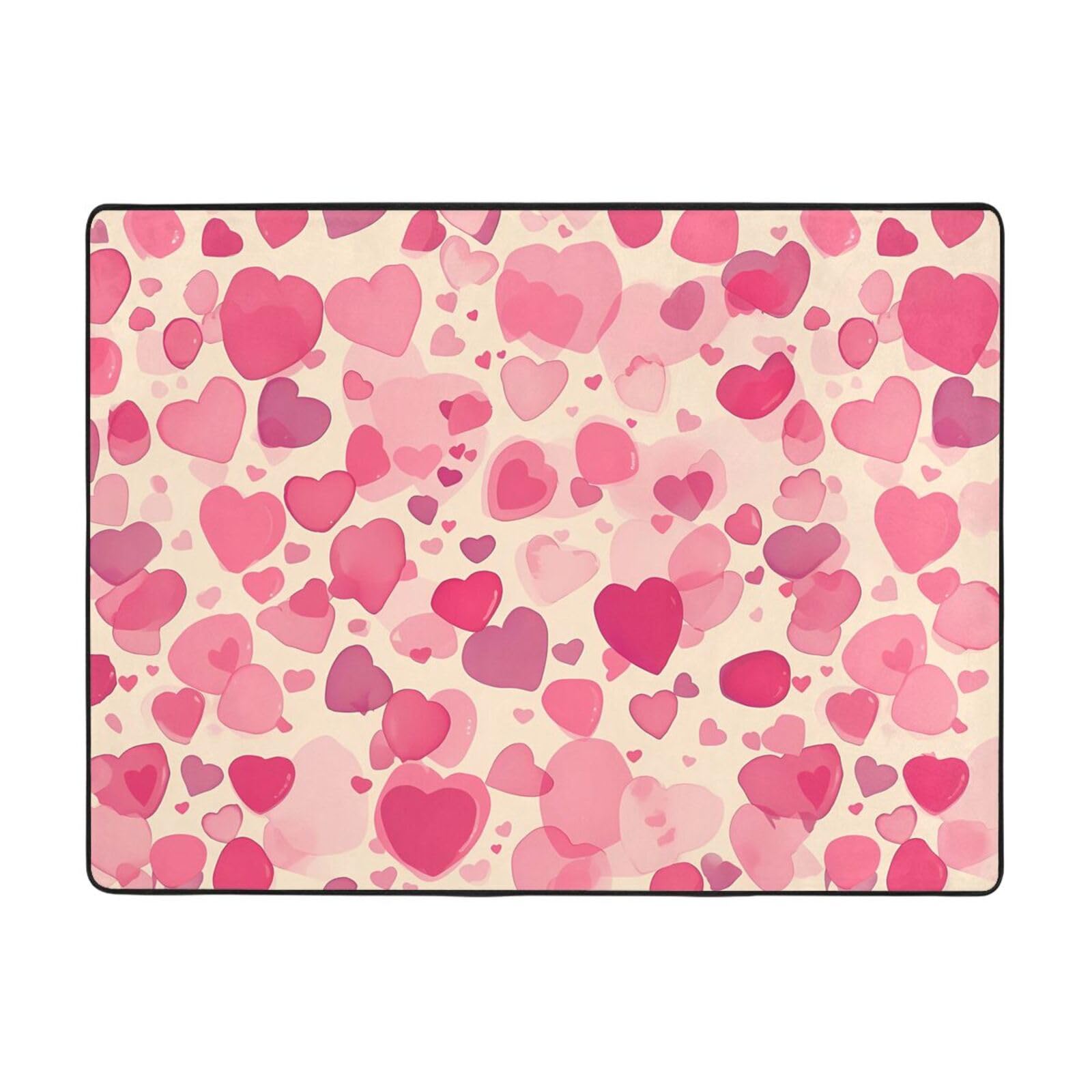 Tapis velours imprimé cœurs roses 160x121cm résistant pour sol de chambre