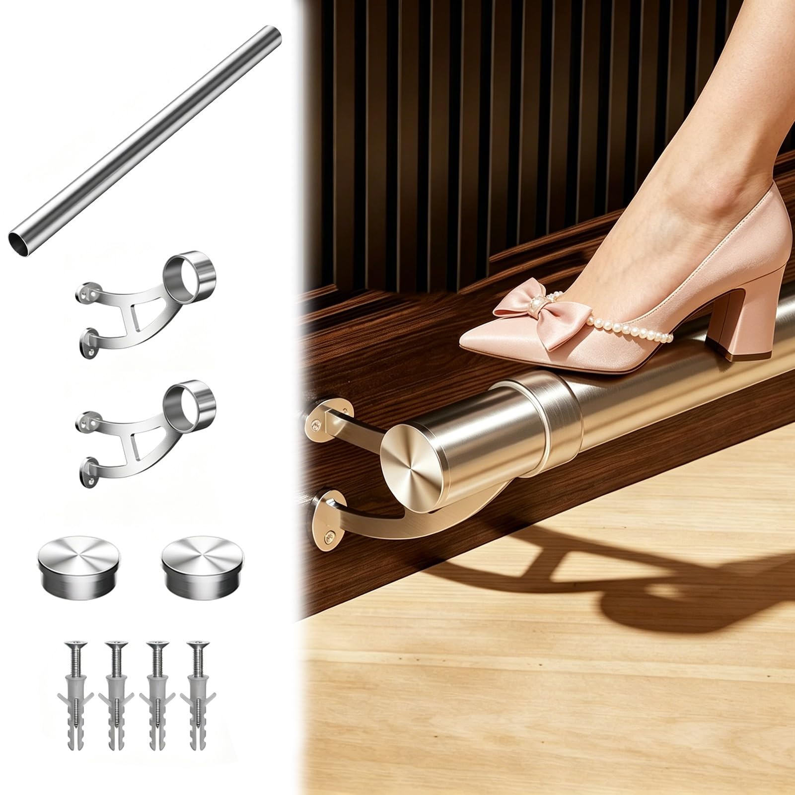 Repose-pieds de bar complet 134cm en argent brossé avec supports muraux pour comptoir d'hôtel