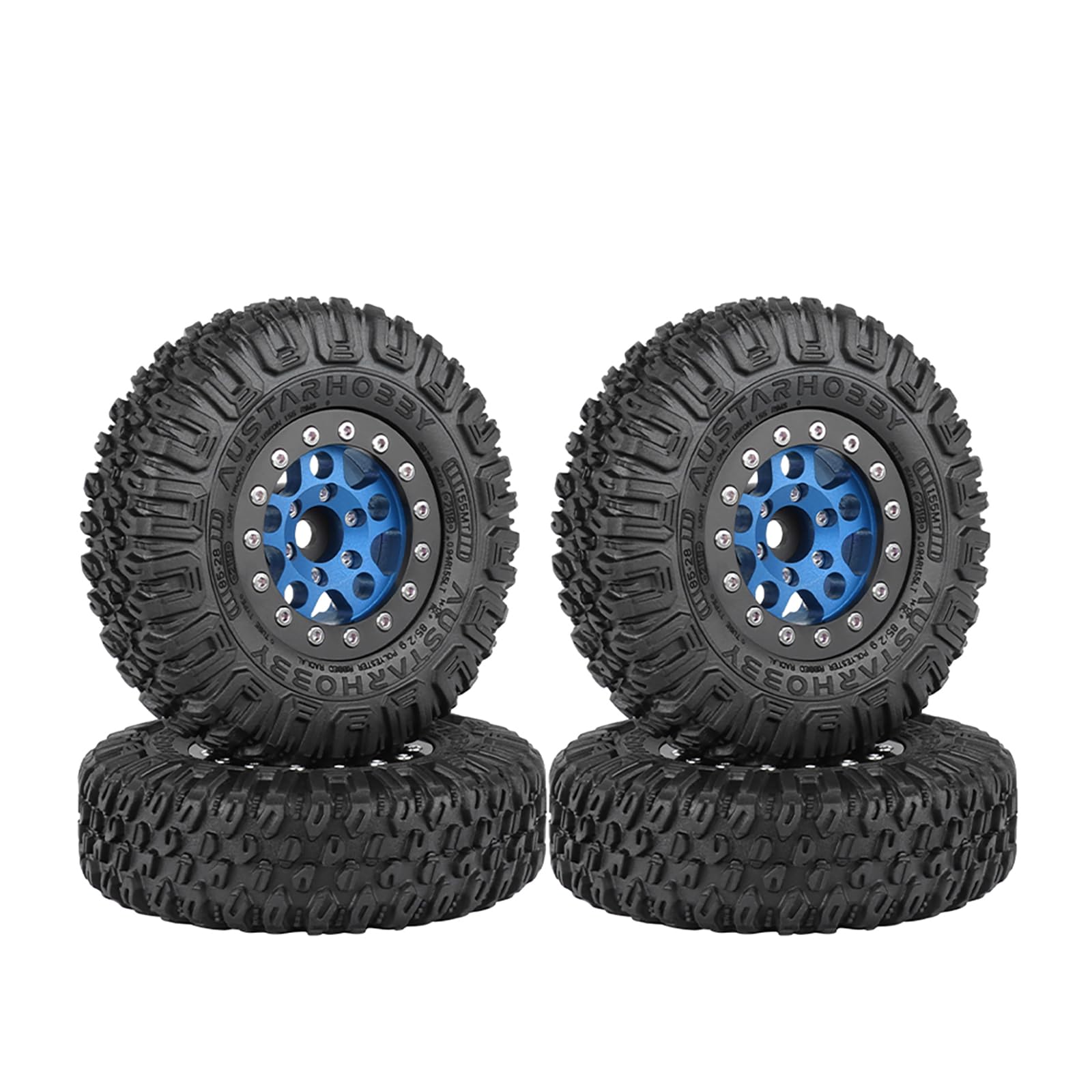 KINGCOO 4PCS 1.55Inch Aluminum Alloy Metal 5Spoke Beadlock Wheel Rims and Rubber Tires Set for 1/10 RC Rock Crawler Car for Axial AX90069 UTB18 D90 TF2 Tamiya Upgrade Parts (Blue, 85MM)