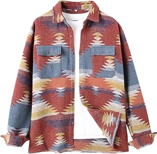 VIEWON Men's Casual Print Button Down Woolen Long Sleeve Lightweight Lapel Western Shacket Jacket Coat