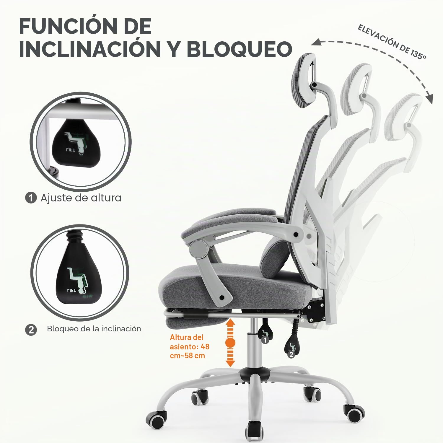 DUMOS Silla de Oficina Ergonómica: Adecuada para el hogar y la oficina, con Soporte Lumbar y Reposapiés, Gris