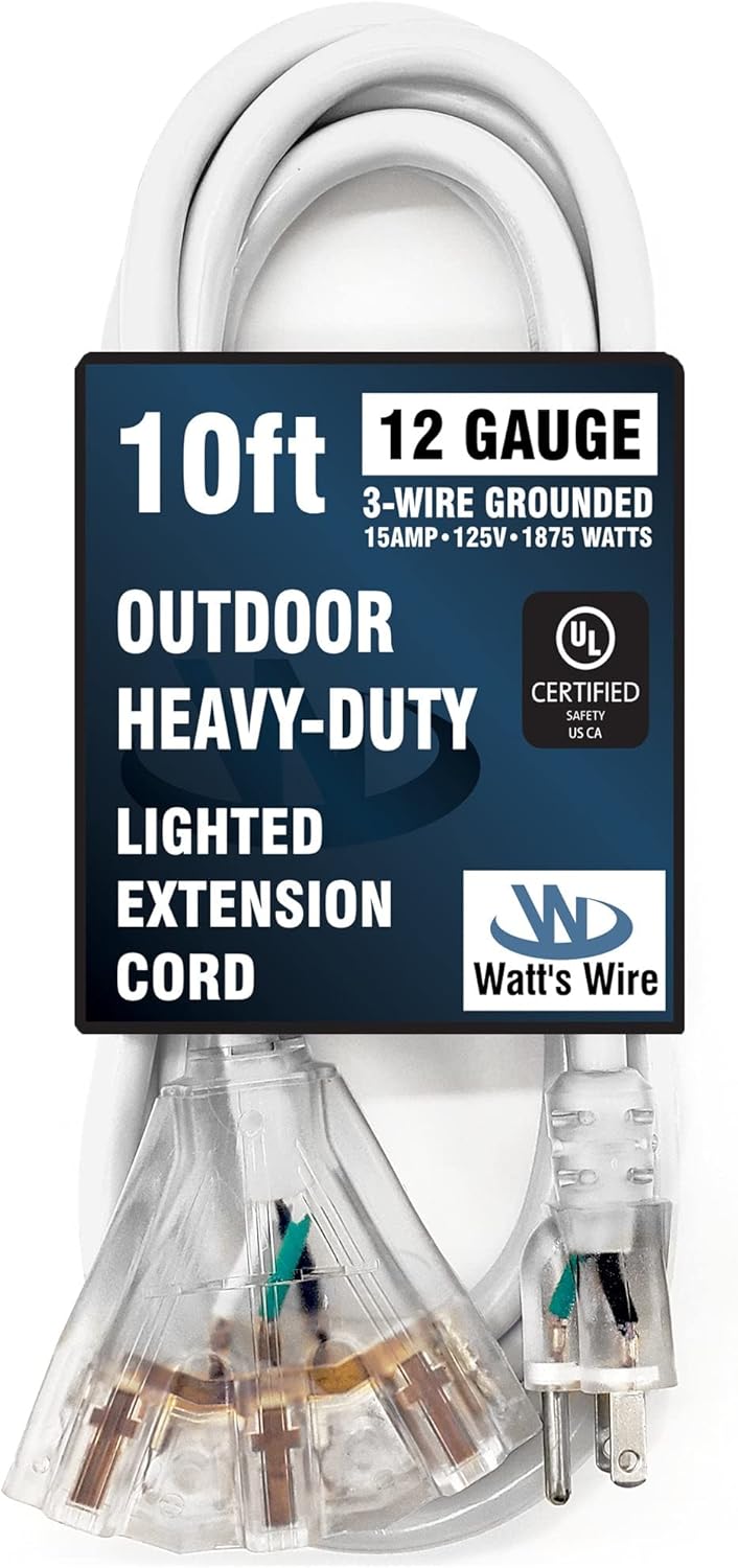 10 ft Outdoor Extension Cord Waterproof - 12 Gauge Heavy Duty Extension Cord Splitter Outdoor 10 ft - Lighted Outdoor Extension Cords with Multiple Outlets - Watts Wire - 10' Grounded