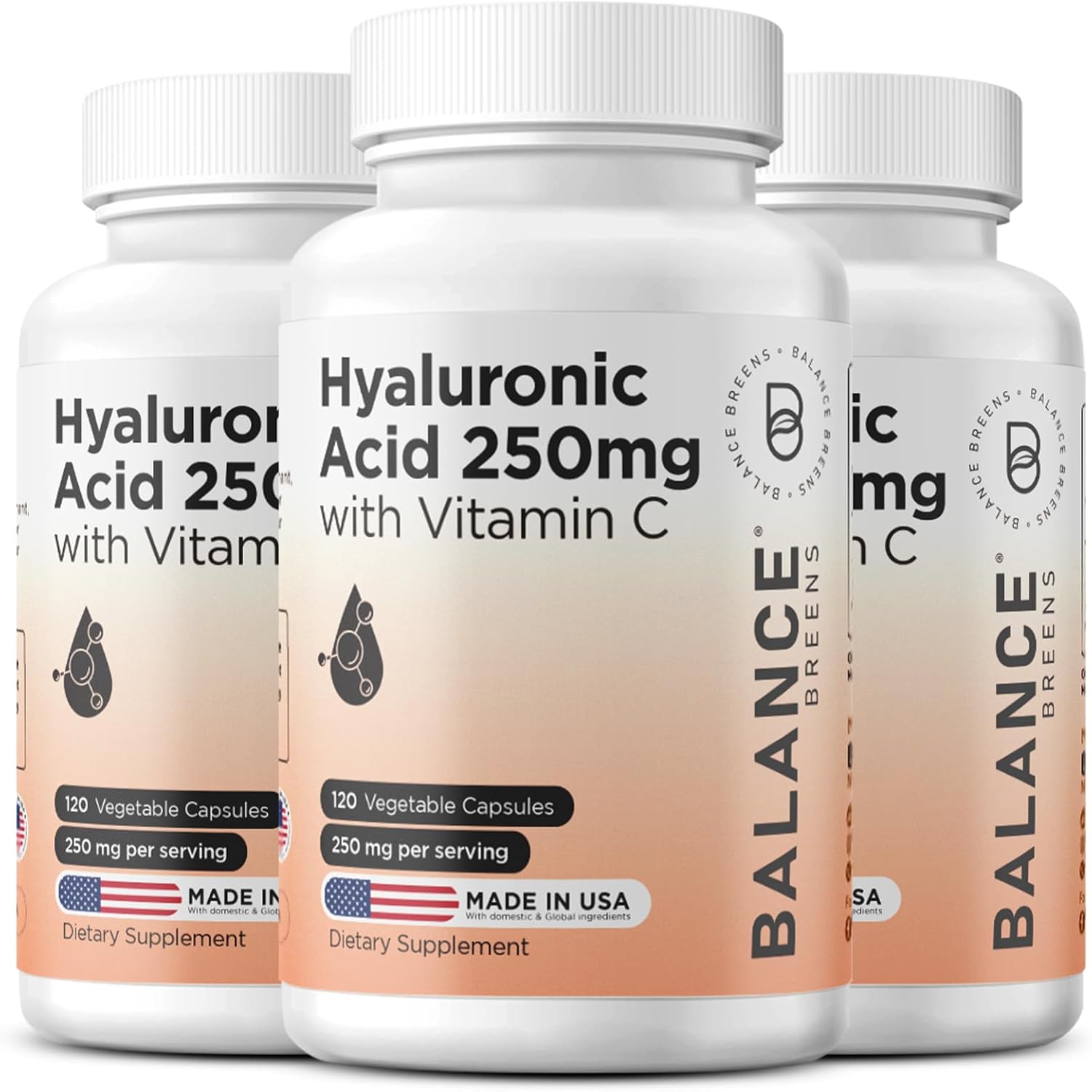 Pure Hyaluronic Acid Supplement 250mg with Vitamin C 50mg, 120 Vegan Capsules - Skin Hydration for Natural Glow, Hair, Nails, Bone & Joint Health Formula