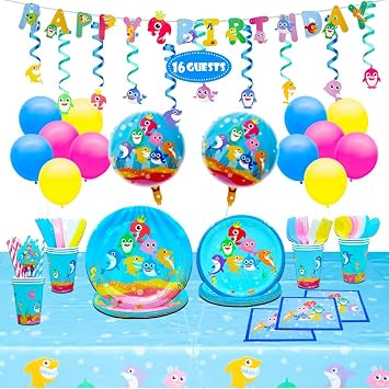 Shark Birthday Decorations, Ocean Theme Party Supplies for 16 Guests, Party Plates and Napkins Set, Tableware, Hanging Swirls, Balloons, Banner, 193pcs