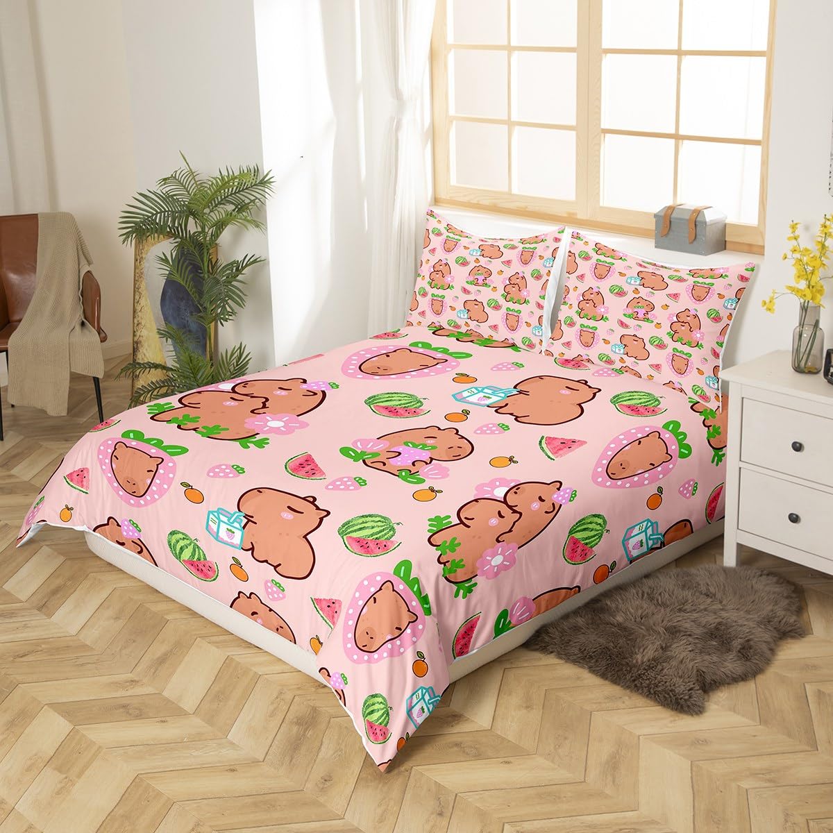 Set di biancheria da letto singolo per bambini e ragazze, con copripiumino per amanti dei capibara, decorazione per camera da letto di bambini e ragazze, copripiumino con motivo di roditori,