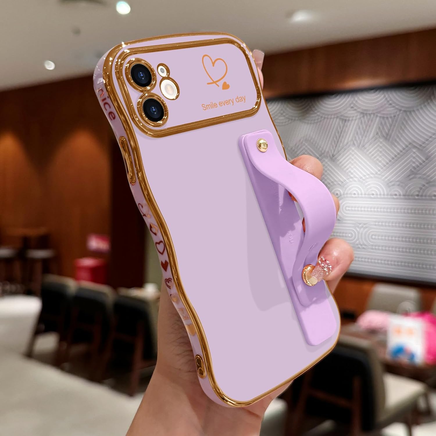 for iPhone 12 Case for Women Girls with Strap, Wave Frame Cute Love-Heart Plating Luxury Bling Stand Cover, Raised Full Camera Soft Silicone Protective Phone Case for iPhone 12, Light Purple - Image 2