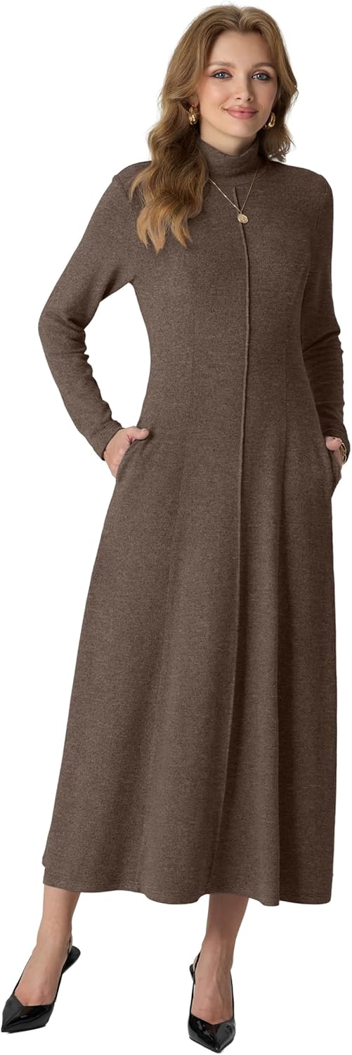 GRECERELLE Women's Spring Fall Casual Mock Neck Long Sleeve Flared Maxi Sweater Dress with Pockets (XS - 3XL) - Image 3