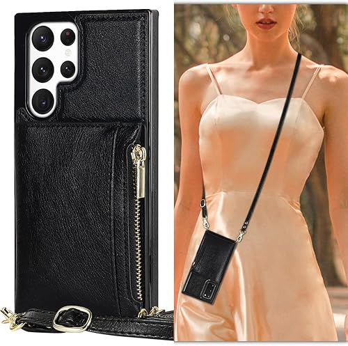 UEEBAI Funda tipo cartera cruzada para Samsung Galaxy S23 Ultra 5G, funda de piel sintética con cremallera y ranuras para tarjetas con correa de
