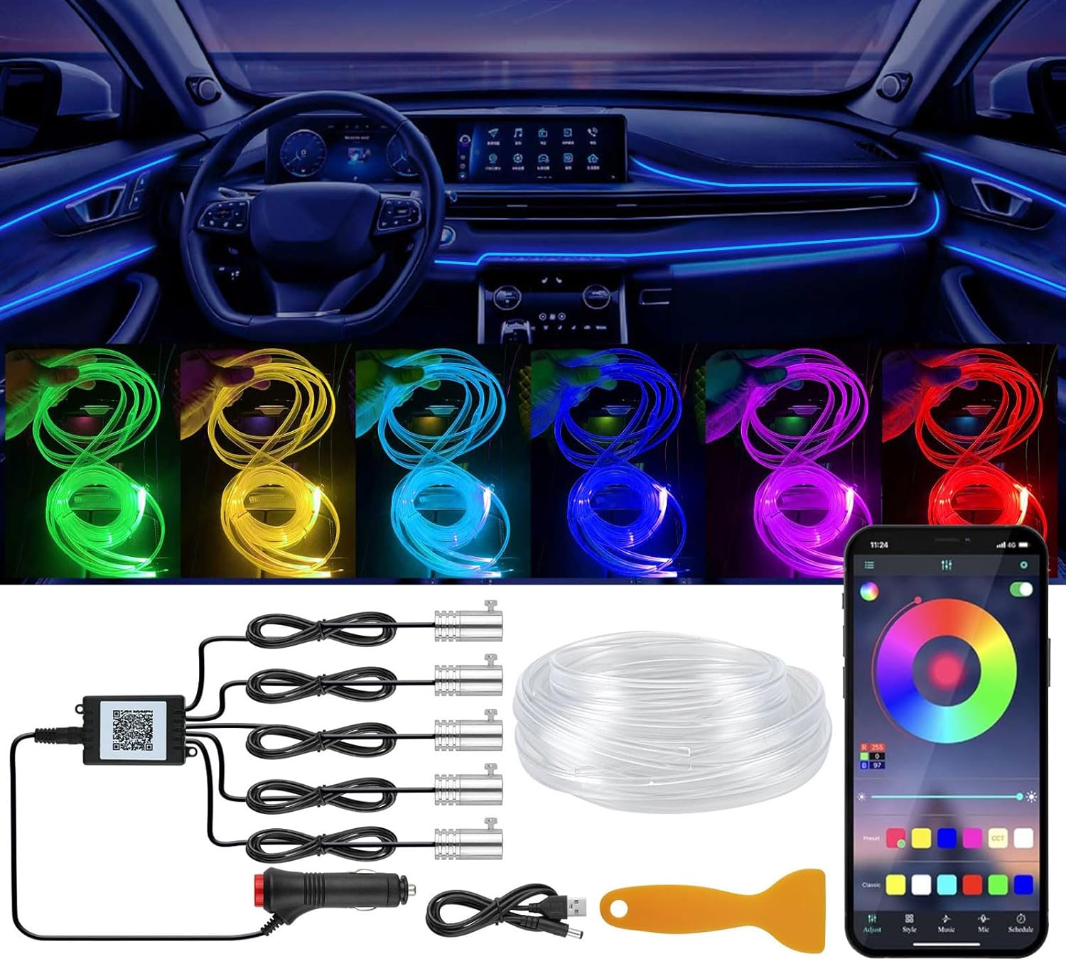 YUGUANG Interior Car Lights Strip APP Control, 5 in 1 Multicolor Music Sync RGB …