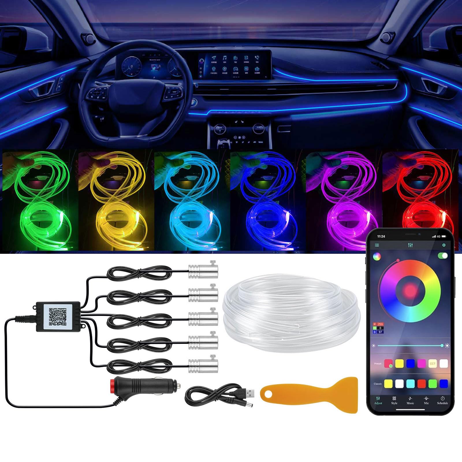 YUGUANG Interior Car Lights Strip APP Control, 5 in 1 Multicolor Music Sync RGB LED Car Ambient Lighting Kit with 236 inches Fiber Optic