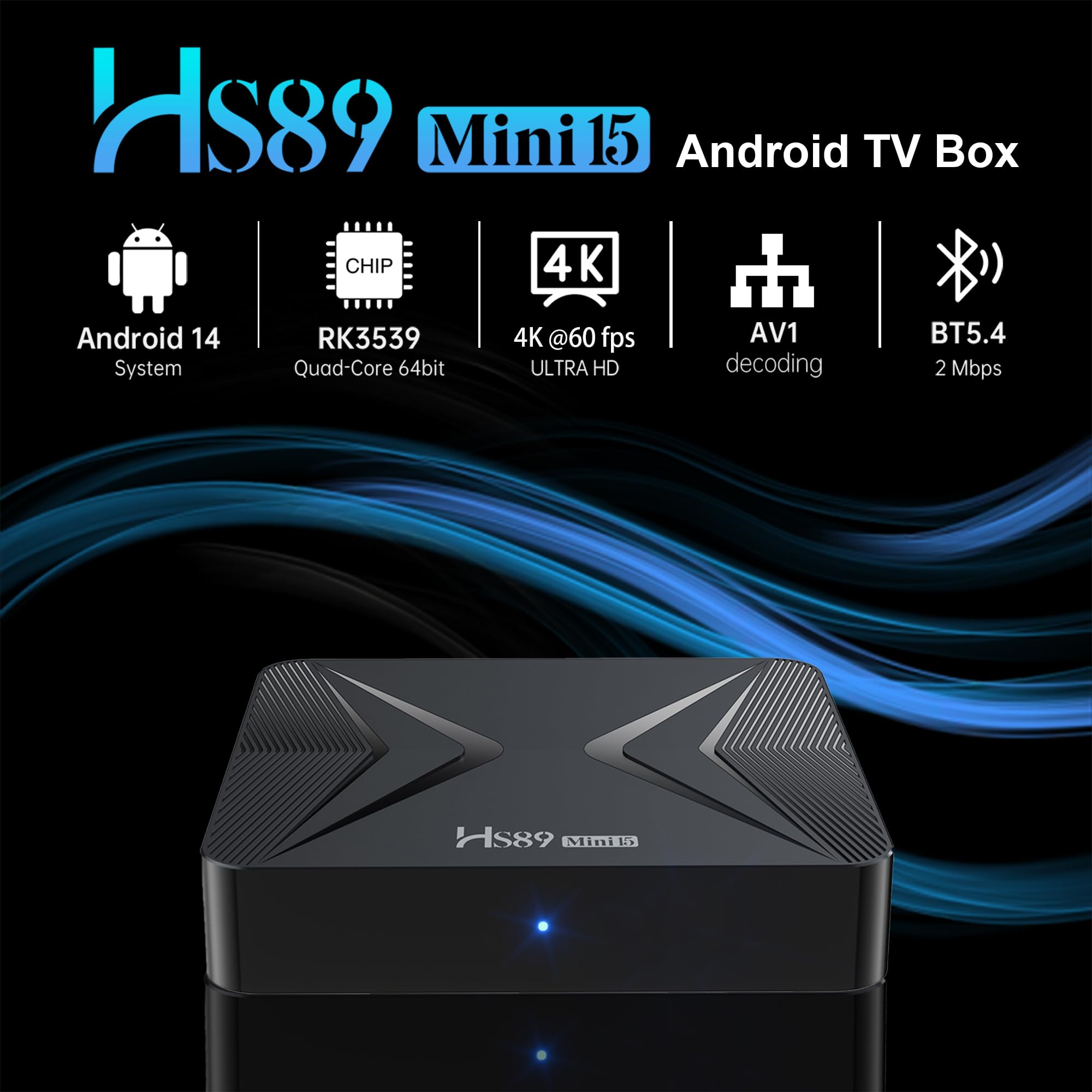 HS89 MINI15 TV Box Android 14.0 4K 8K HD Android Box 4GB RAM 32GB ROM RK3539 Quad-Core WiFi 6 Doble Banda 2,4G/5G 10/ 100M Ethernet Bluetooth 5.4 USB2.0 HDMI2.1, Smart TV Box Media-Streaming-Clients