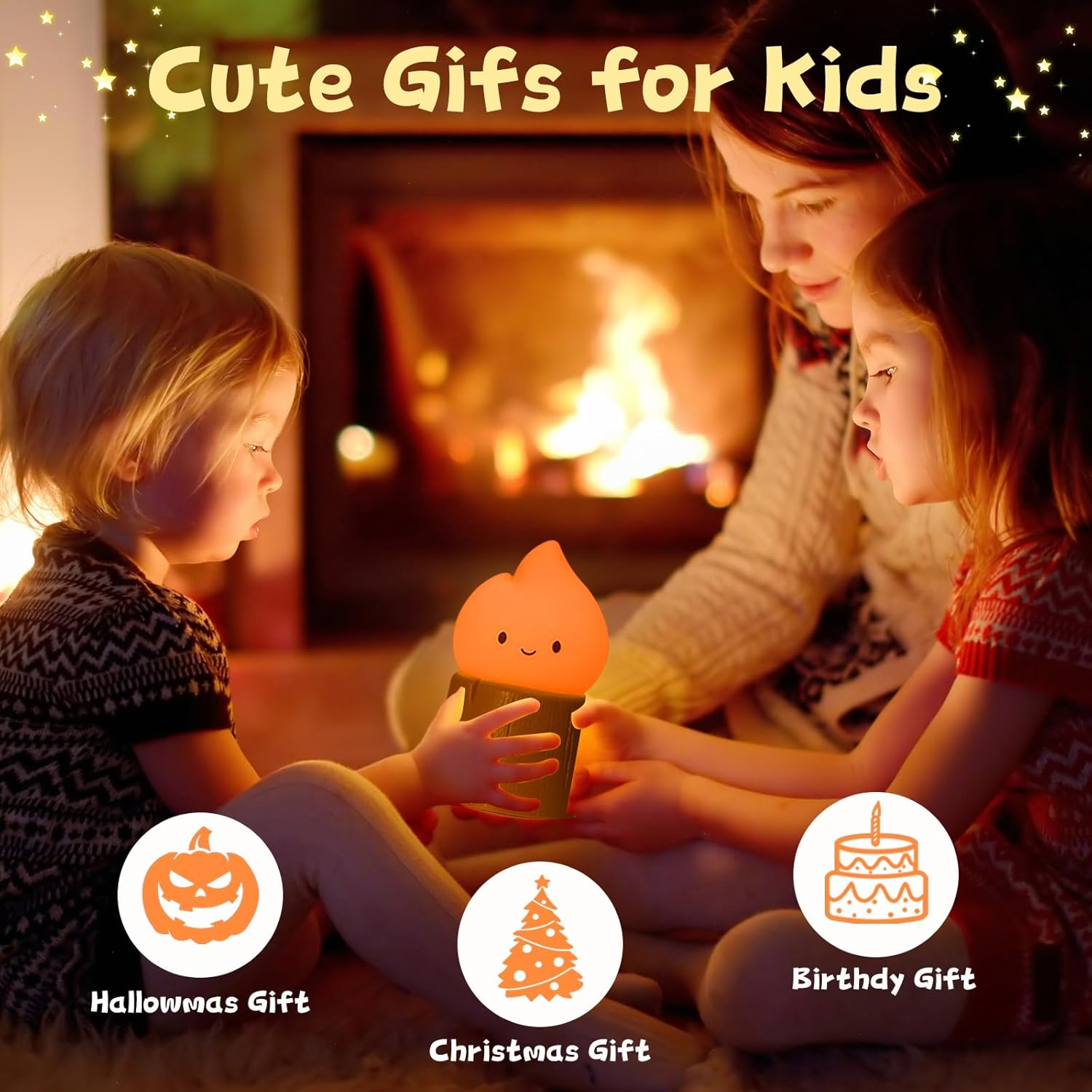 Flameless Candles Night Light, Cute Flame Stump Lamp with Flickering & Steady on Modes, Stepless Dimming Halloween Night Light for Kids, Rechargeable Nursery Lamp Gifts for Boys and Girls (Flame)