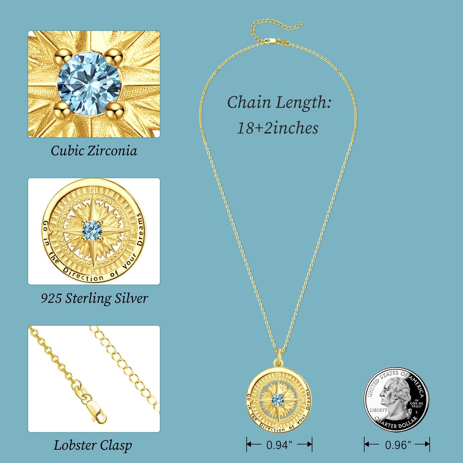 KINGWHYTE Graduation Gifts Birthstone Necklace for Women 925 Sterling Silver Compass Pendant Go in the Direction of your Dream Travel Jewelry Birthday Gift for Her - Image 5
