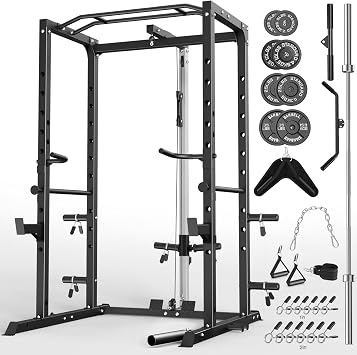Power Cage, Multi-Functional Power Rack with J-Hooks, Dip Handles, Landmine Attachment and Optional Cable Pulley System for Home Gym